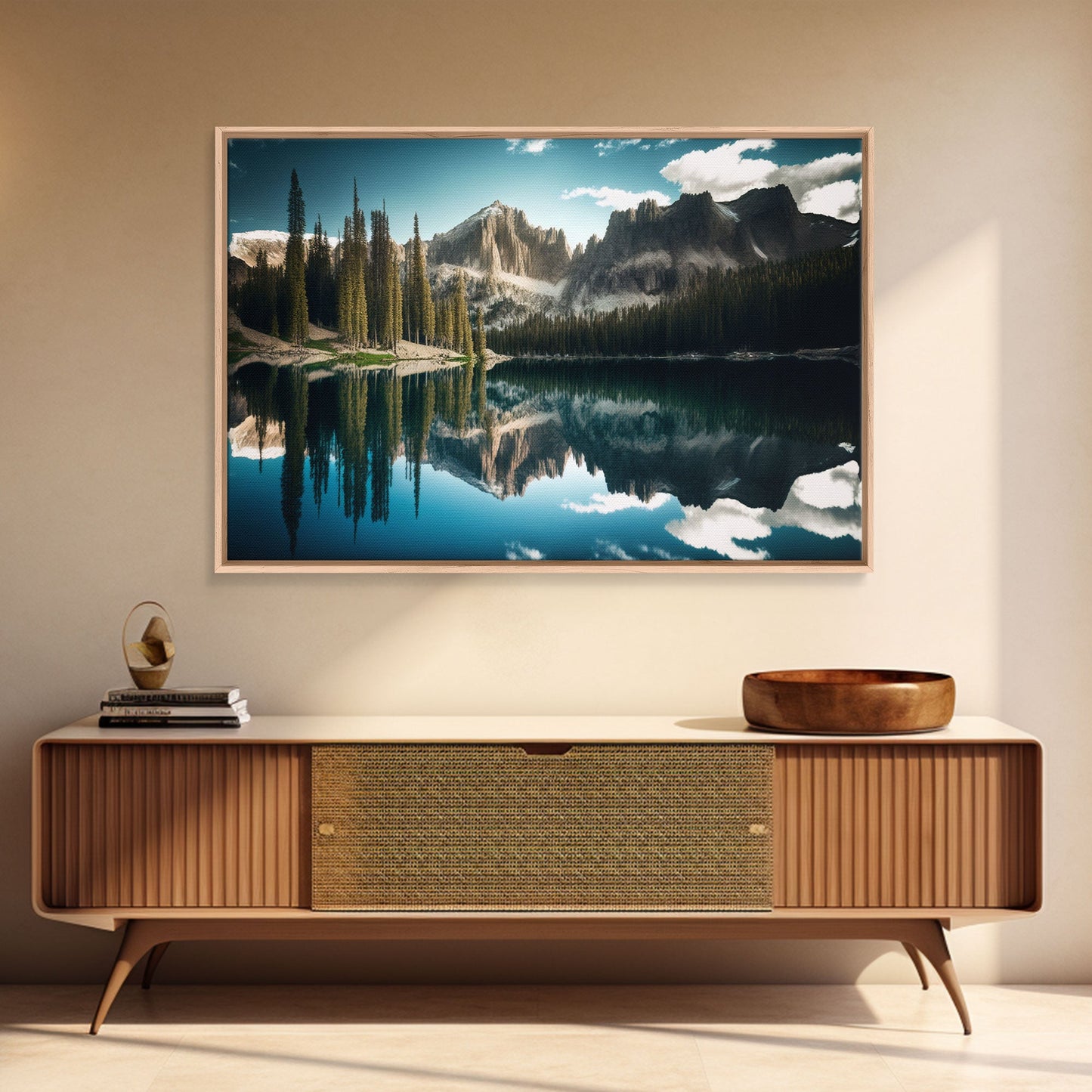 Reflections on a winter lake, watercolor landscape art, framed canvas print, pine tree winter forest
