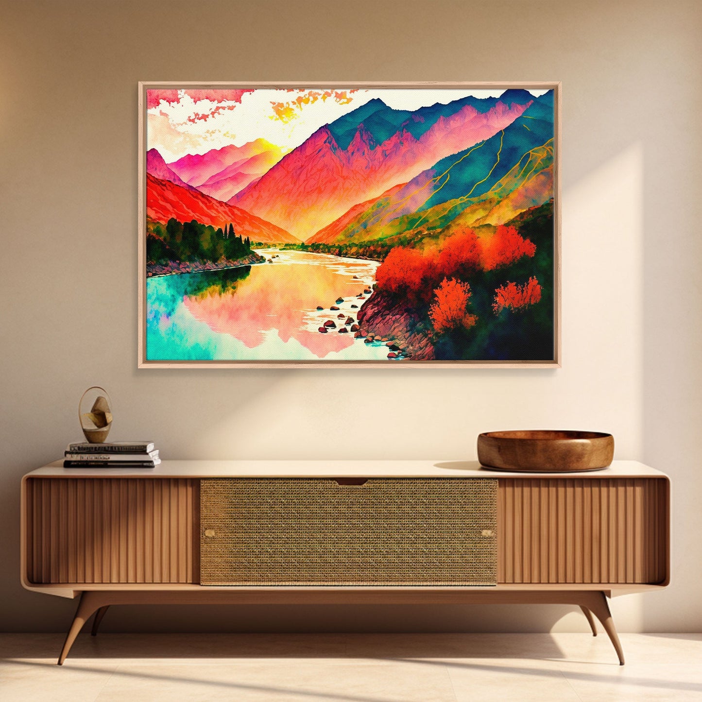 Watercolor Landscape, Rainbow Landscape Art, Framed Canvas Print, Unique Primitive Style Landscape Decor