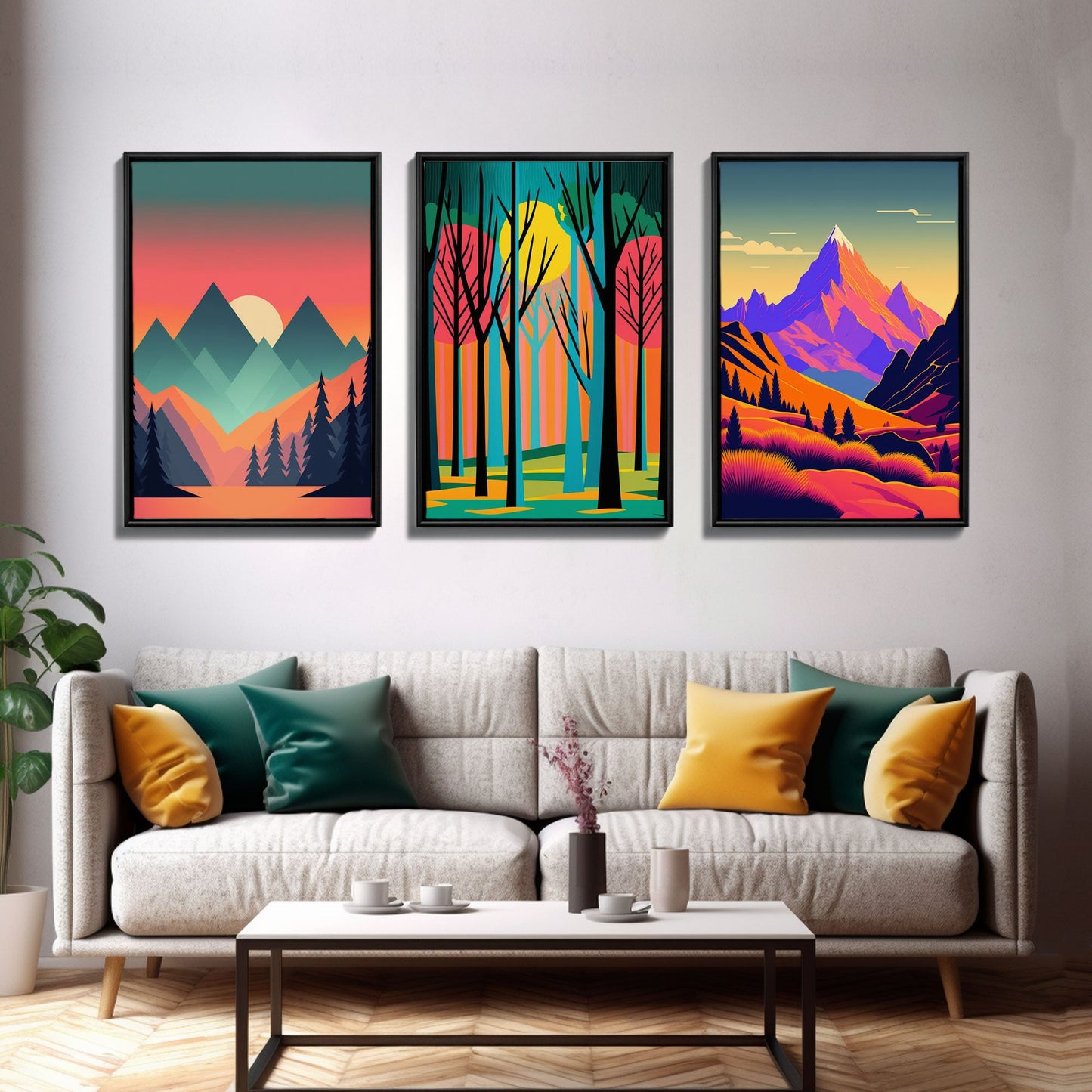 Mid Century Modern Wall Art, Framed Wall Art, 3 Piece Wall Art Canvas Prints, Abstract Art Prints, Modern Wall Decor, Retro Style Art