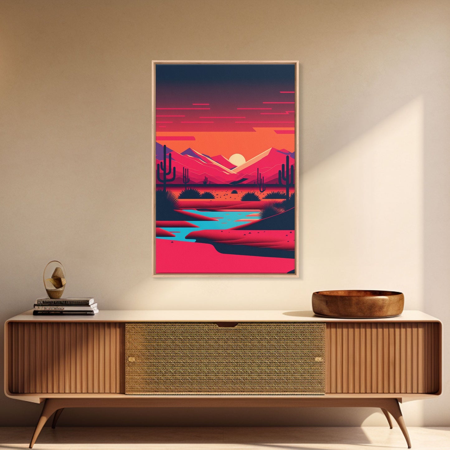 Retro Synthwave Desert Landscape Art, Framed Canvas Print, Unique Sunset Art, Living Room Wall Decor, Framed Art