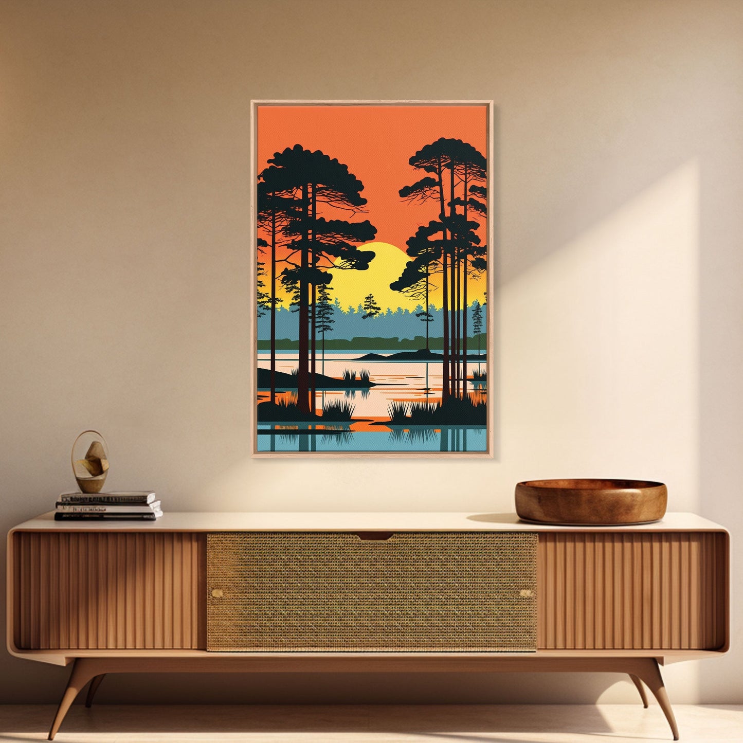 Vintage Style Art, Framed Canvas Prints, Lake and Pine Tree Forest Landscape, Florida Everglades at Sunset