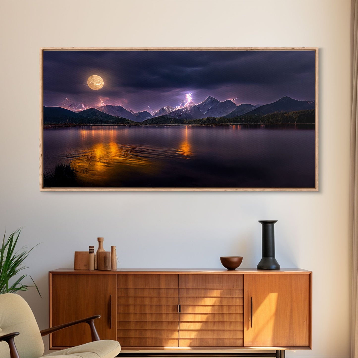 Full moon canvas print, Lightning storm over a mountain lake at night, cool wall art, awesome wall art
