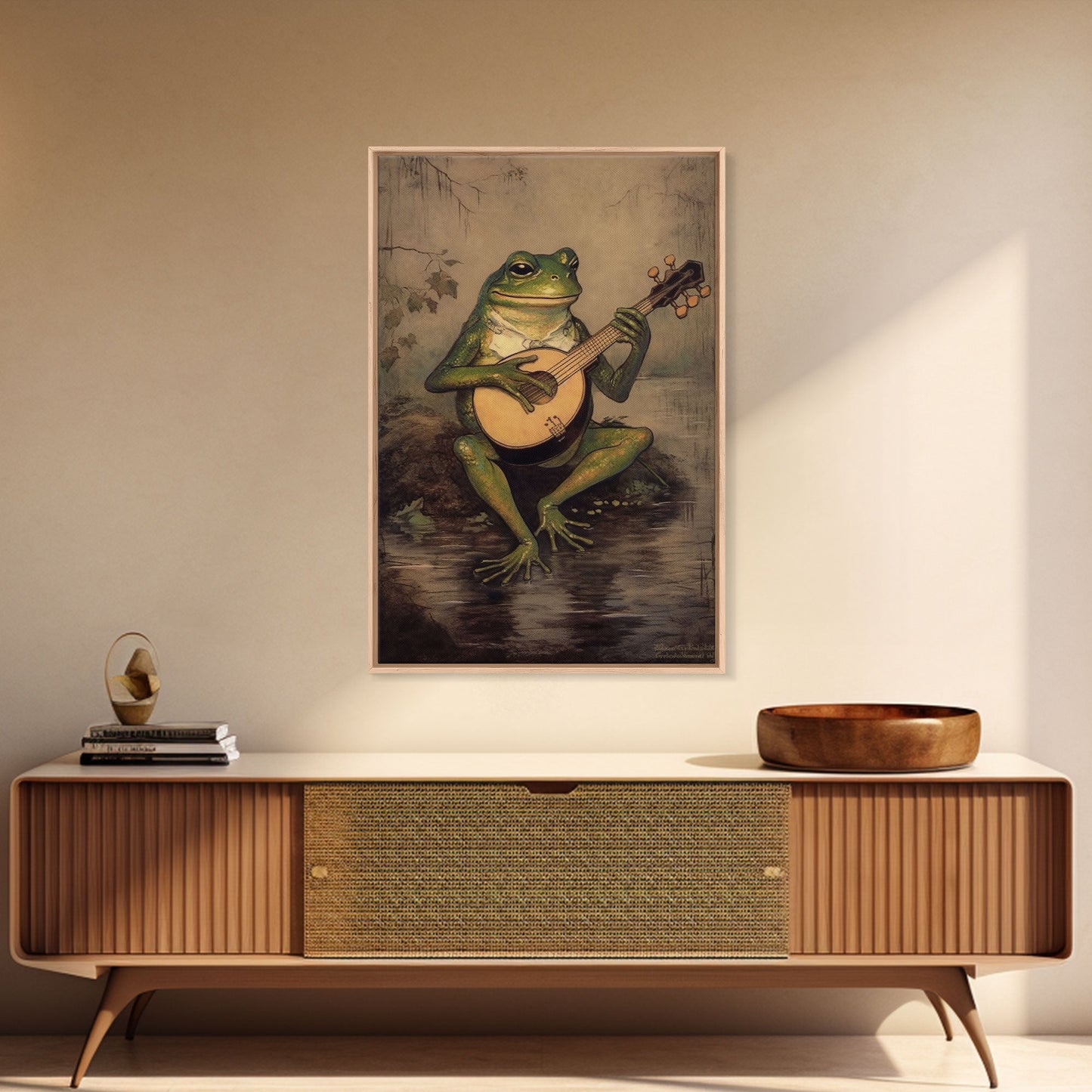 The Banjo Toad, Frog Playing A Banjo In The Moonlight, Vintage Canvas Print or Poster, Funny Frog Art, Retro Art, Vintage Print