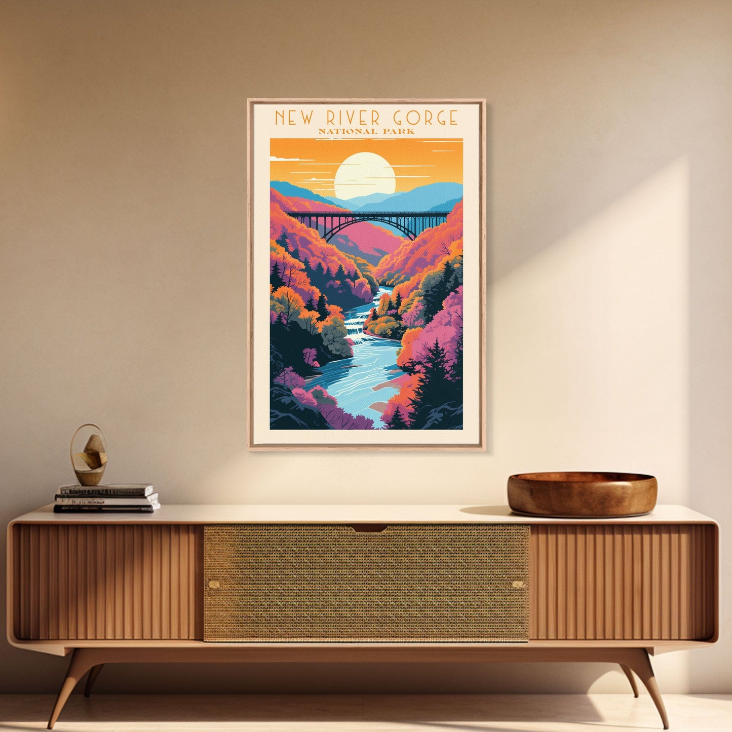 New River Gorge National Park, West Virginia Travel Art, National Park Print, Minimalist Travel Art, Midcentury Modern Retro Style Landscape