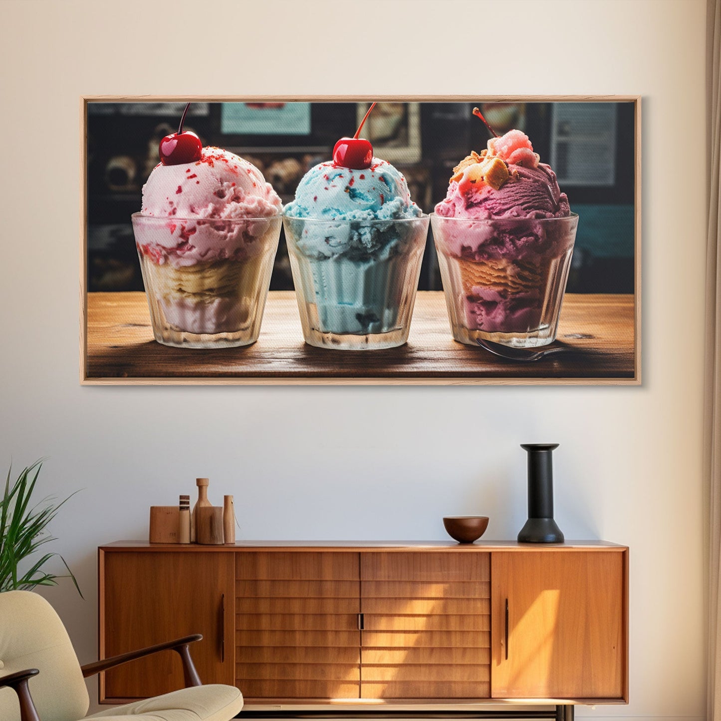 Ice Cream Shop Decor, Framed Canvas Print, Cute Nursery Decor, Retro Ice Cream Parlor Wall Art