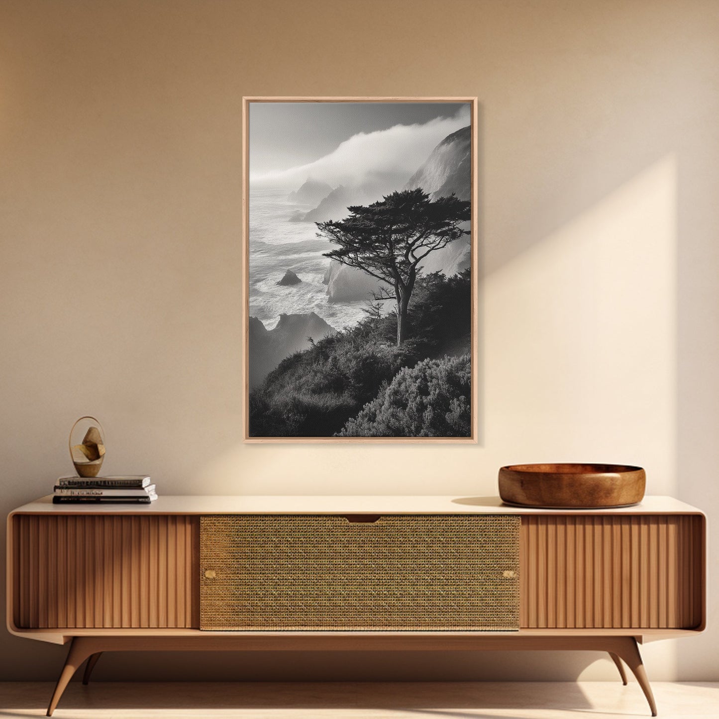 Tree On Cliffs, Foggy Coastline, Monochrome Coastal View, Moody Nature Scene, Framed Canvas Print, Bedroom Wall Art, Earthy Minimalist Decor
