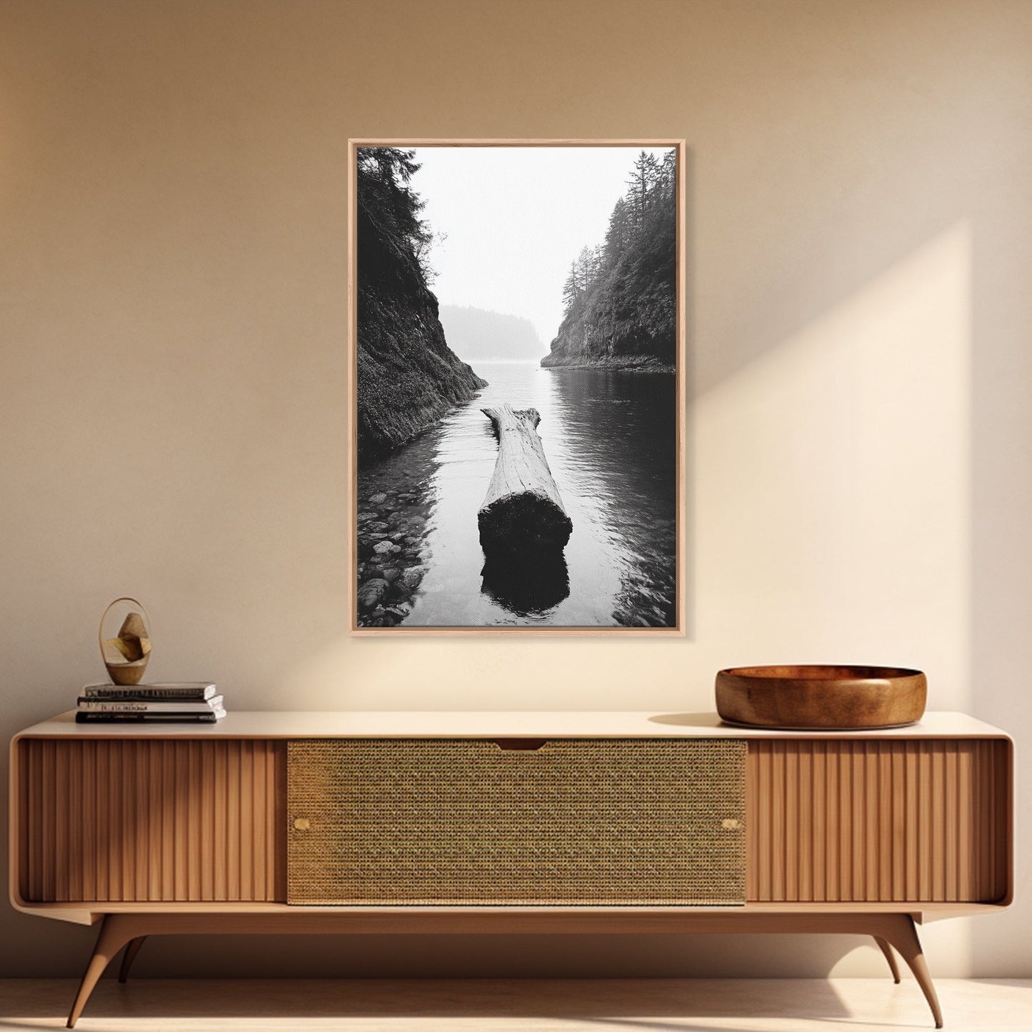 Driftwood Log, River Pass, Nature Silence, Misty Gorge, Framed Canvas Print, Office Wall Art, Modern Nature Decor, Moody Forest Style