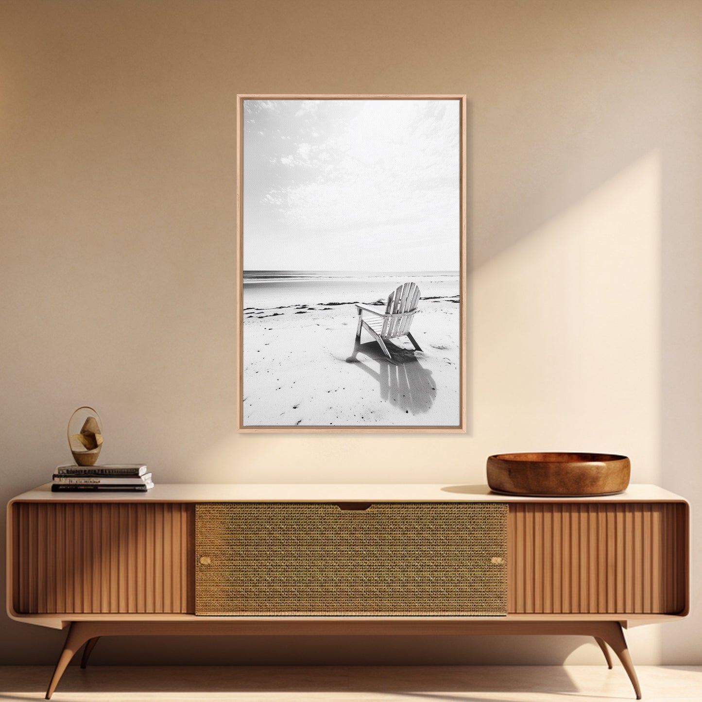 Beach Chair, Coastal Calm, Empty Shoreline, Canvas Print, Minimalist Wall Art, Beach House Decor, Serene Ocean Photography