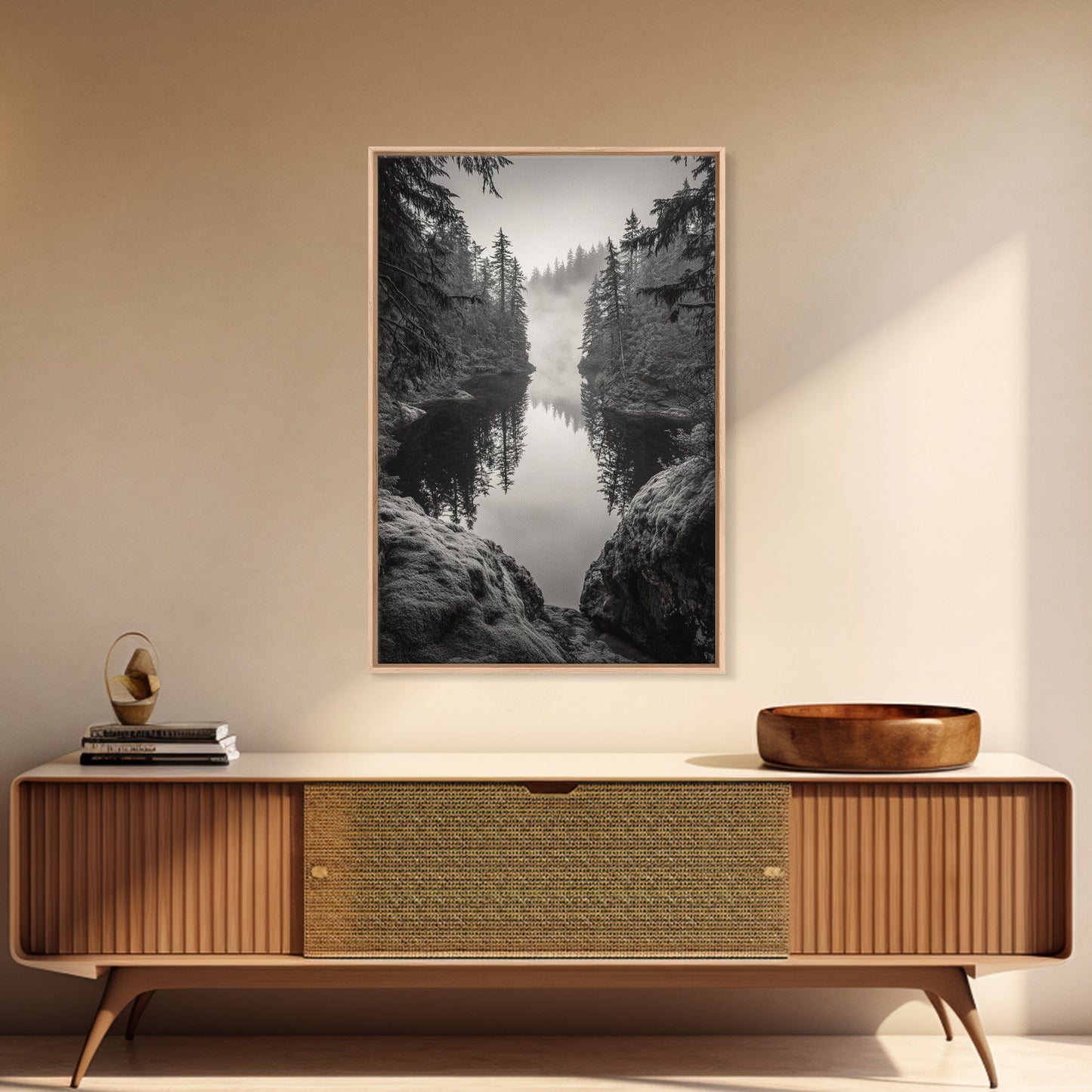 Misty Forest, River Reflection, Foggy Pines, Mountain Silence, Framed Canvas Print, Bedroom Wall Art, Tranquil Nature Photography, Zen Decor