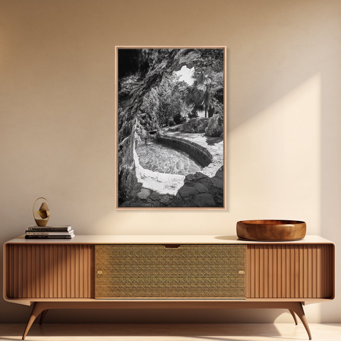 Hidden Pool Grotto, Tropical Oasis, Black and White Photo, Canvas Print, Spa Bathroom Art, Zen Vibes, Modern Nature Wall Decor