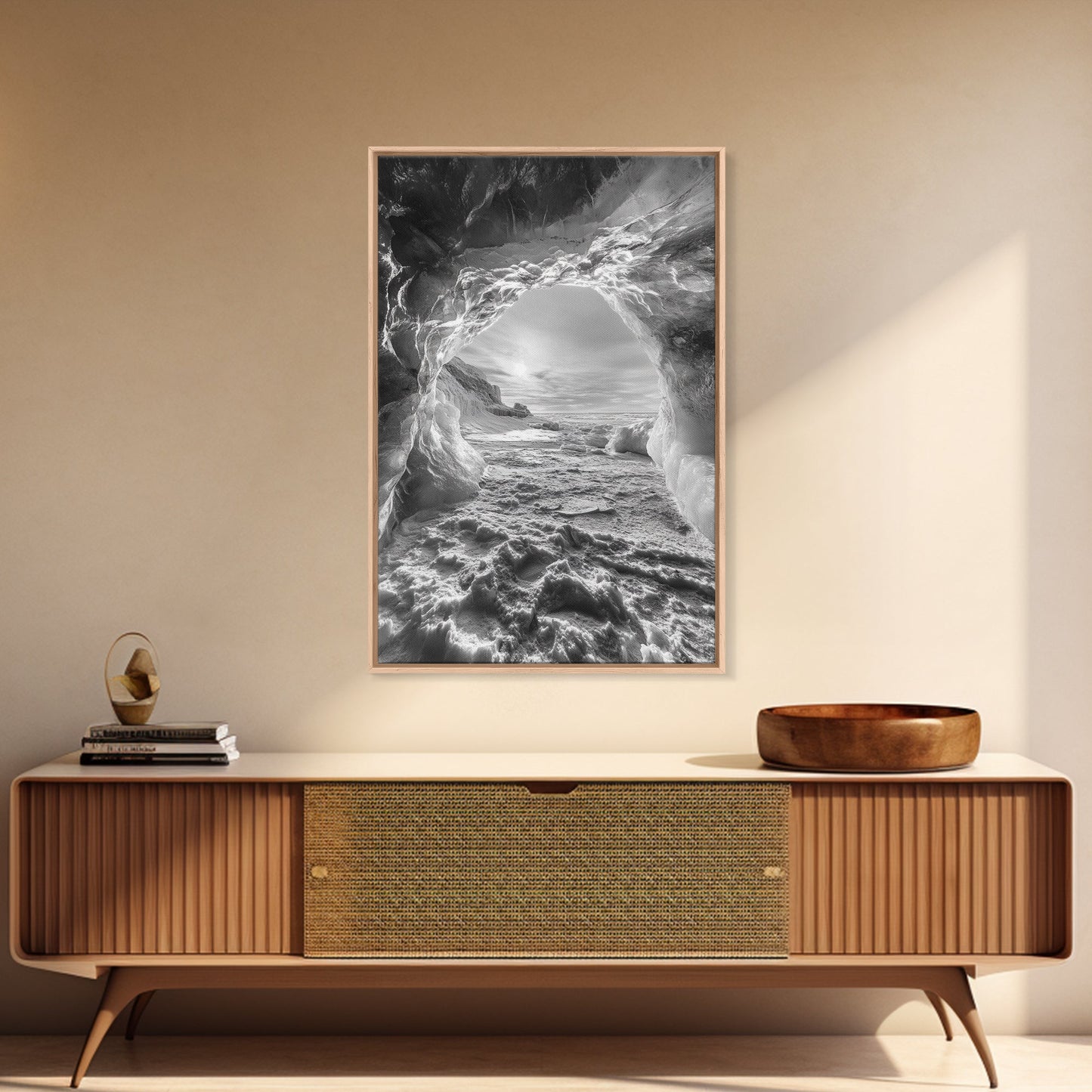 Ice Cave Opening, Winter Wonderland, Arctic Light, Framed Canvas Print, Bedroom Wall Art, Nordic Landscape, Minimalist Winter Art