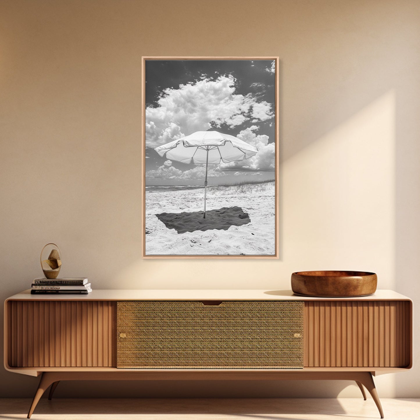 Beach Umbrella, Sunny Escape, Coastal Cloudscape, Framed Canvas Print, Summer Vibe Wall Art, Outdoor Living Decor, Travel Mood