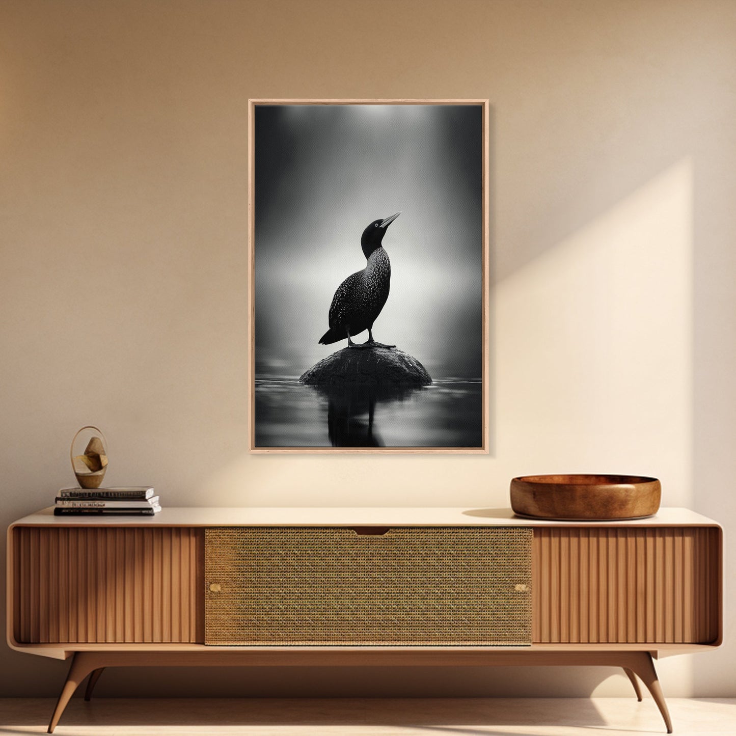 Loon on Rock, Morning Mist, Water Bird Focus, Canvas Print, Minimalist Animal Art, Office Decor, Tranquil Lake Scene Wall Art