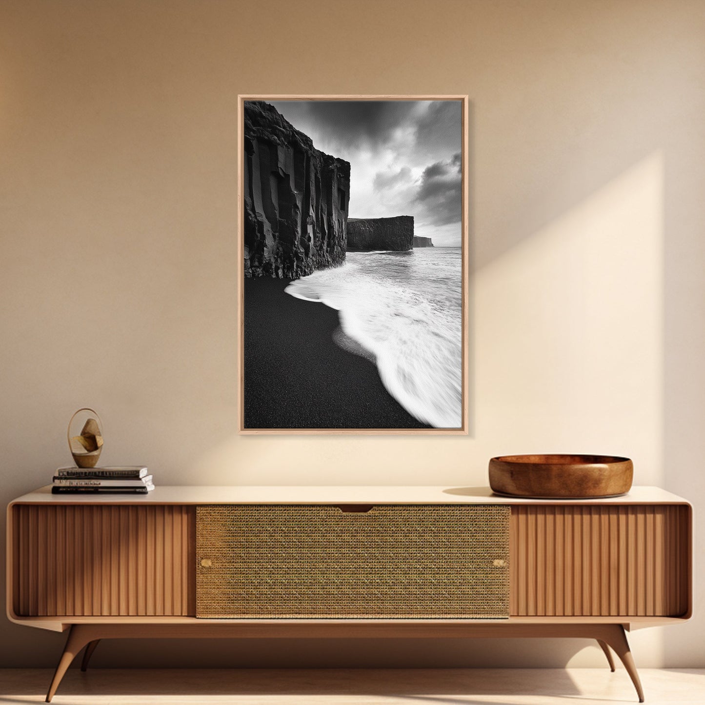 Ocean Cliffs, Black Sand, Moody Coast, Rugged Shoreline, Framed Canvas Print, Icelandic Wall Art, Adventure Decor, Modern Nature Art