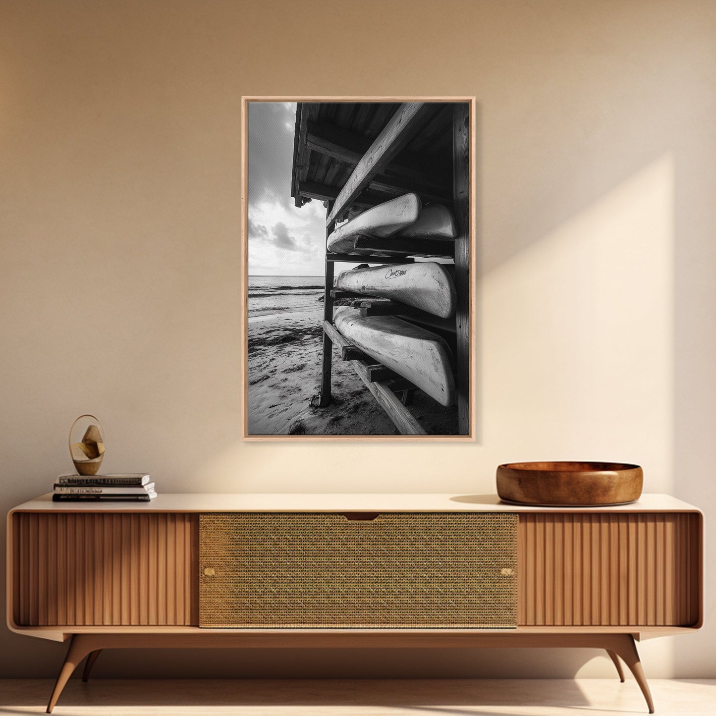 Canoes, Rack, Ocean, Shelter - Surf shack vibes with coastal canoe stack, Framed Canvas Print, great beach house or boho hallway art, grayscale