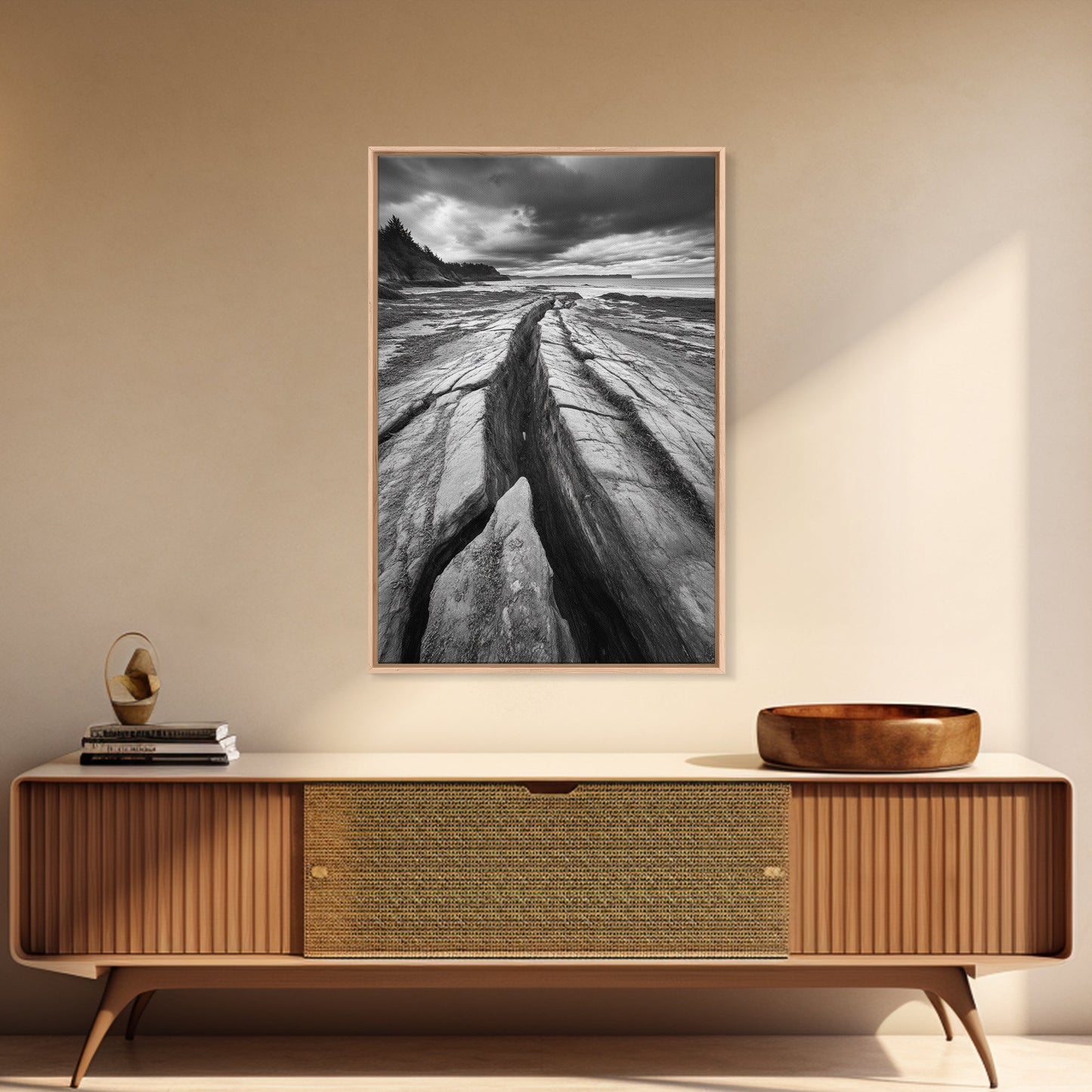 Coastal Rock Divide, Nature Pathway, Moody Beach Print, Living Room Decor, Framed Canvas Print, Minimalist Earthy Wall Art, Den Decor