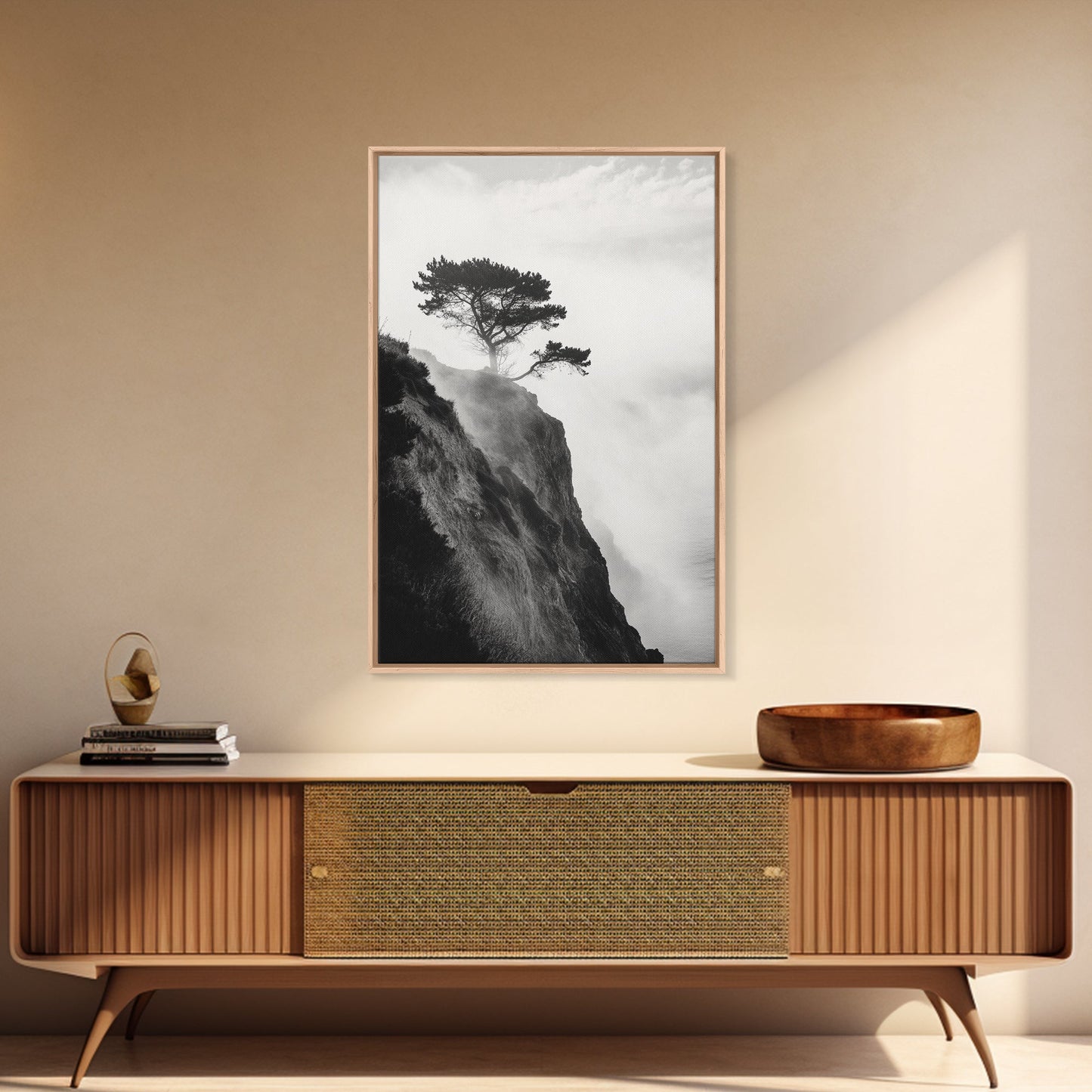 Lone Cliff Tree, Foggy Landscape, Nature Wall Decor, Framed Canvas Print, Minimalist Tree Art, Tranquil Living Room Wall Art