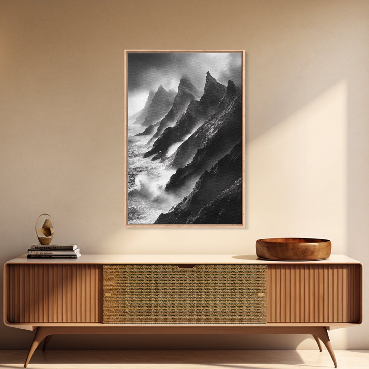 Jagged Cliff Coast, Stormy Ocean Scene, Dramatic Nature Art, Black White Photography, Framed Canvas Print, Office Wall Art, Coastal Decor