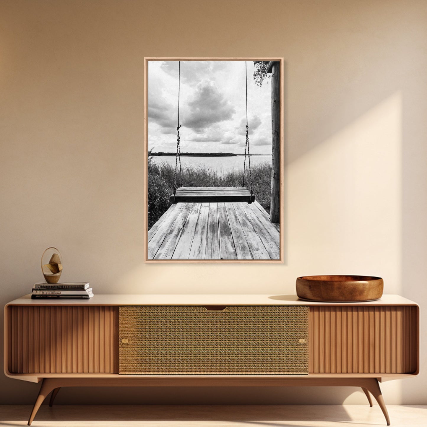 Lake Swing, Cloudy Sky, Calm View, Framed Canvas Print, Farmhouse Wall Art, Serene Kitchen Decor, Rustic Black and White Photography