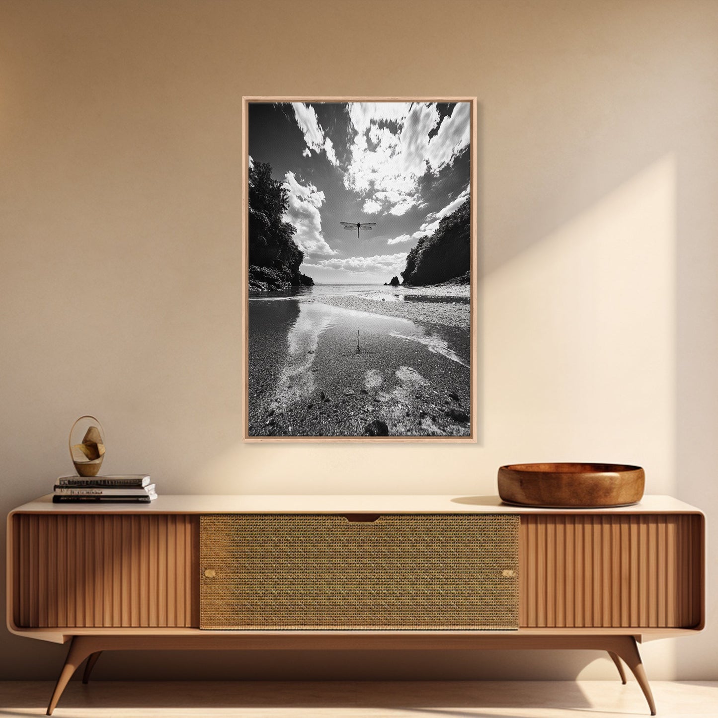 Dragonfly Flight, Beach View, Nature Dream, Framed Canvas Print, Whimsical Wall Art, Surreal Living Room Decor, Black and White Nature Style