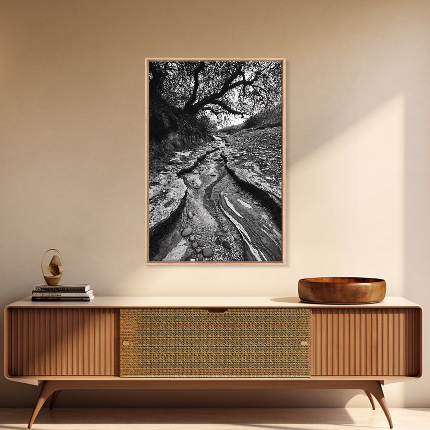 Dry Creek, Twisted Tree, Rocky Path, Framed Canvas Print, Moody Autumn Wall Art, Earthy Entryway Decor, Nature Texture Photography