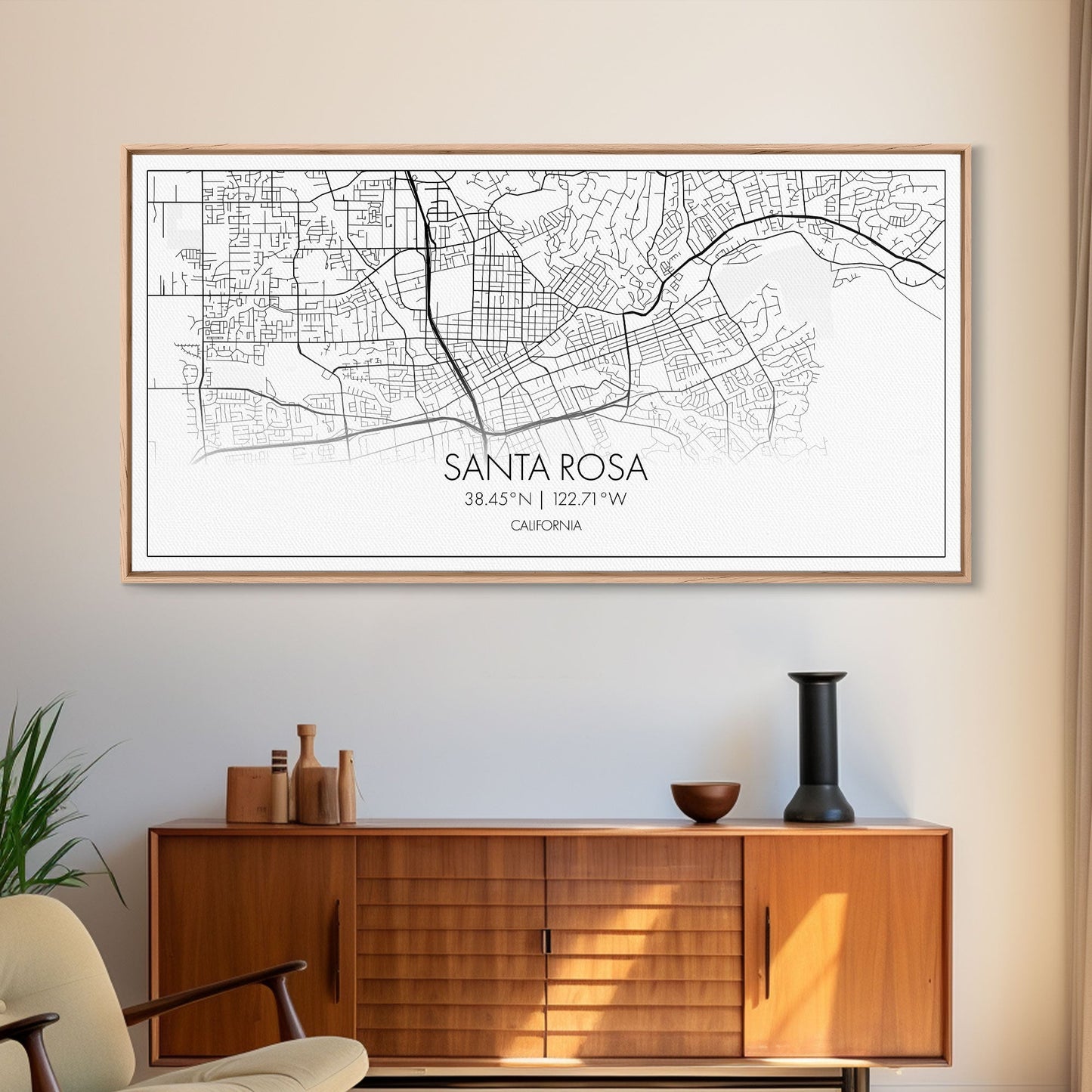 Santa Rosa City Map, California Art, Map Print, Modern Wall Art, Wall Art, Canvas Art, Modern House Art, Bedroom Prints, Nerdy Home Décor