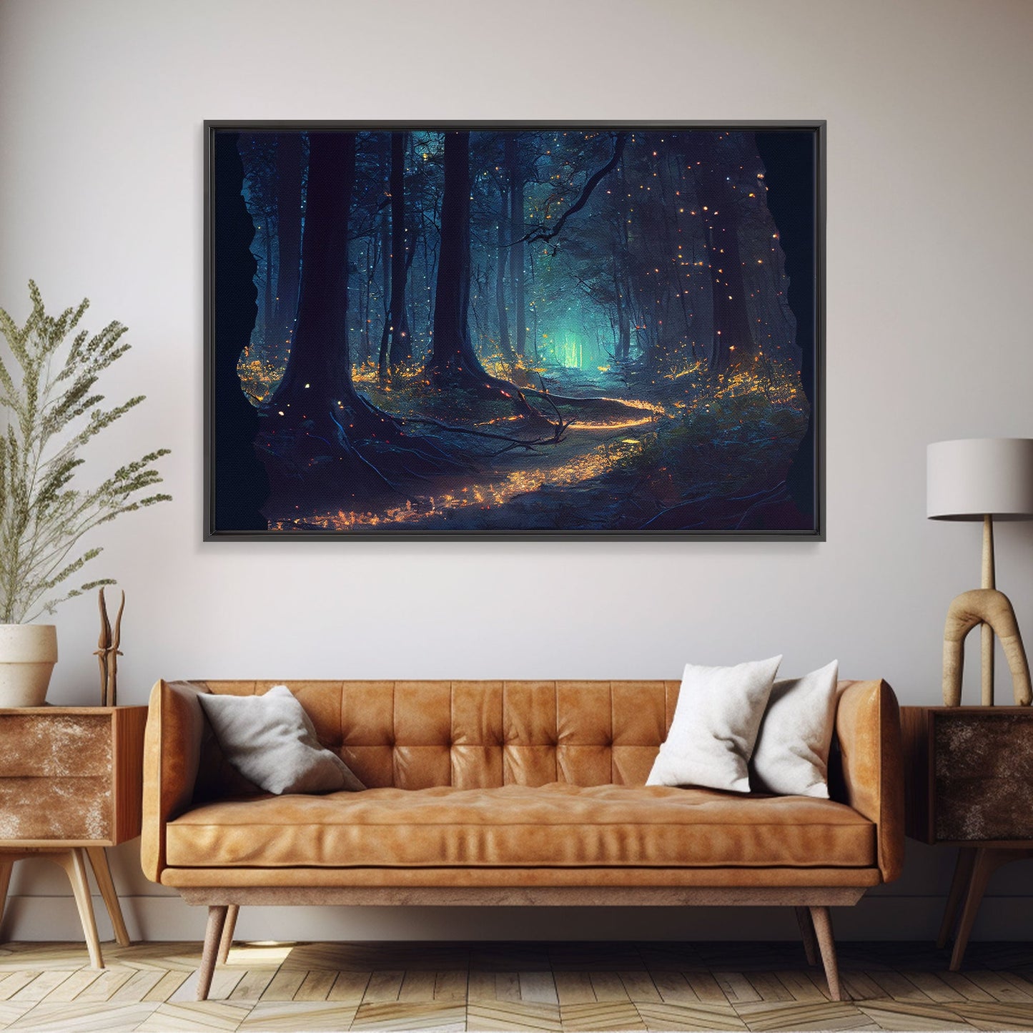 The magical enchanted forest is lit brightly with fireflies at night, framed canvas print, fantasy art