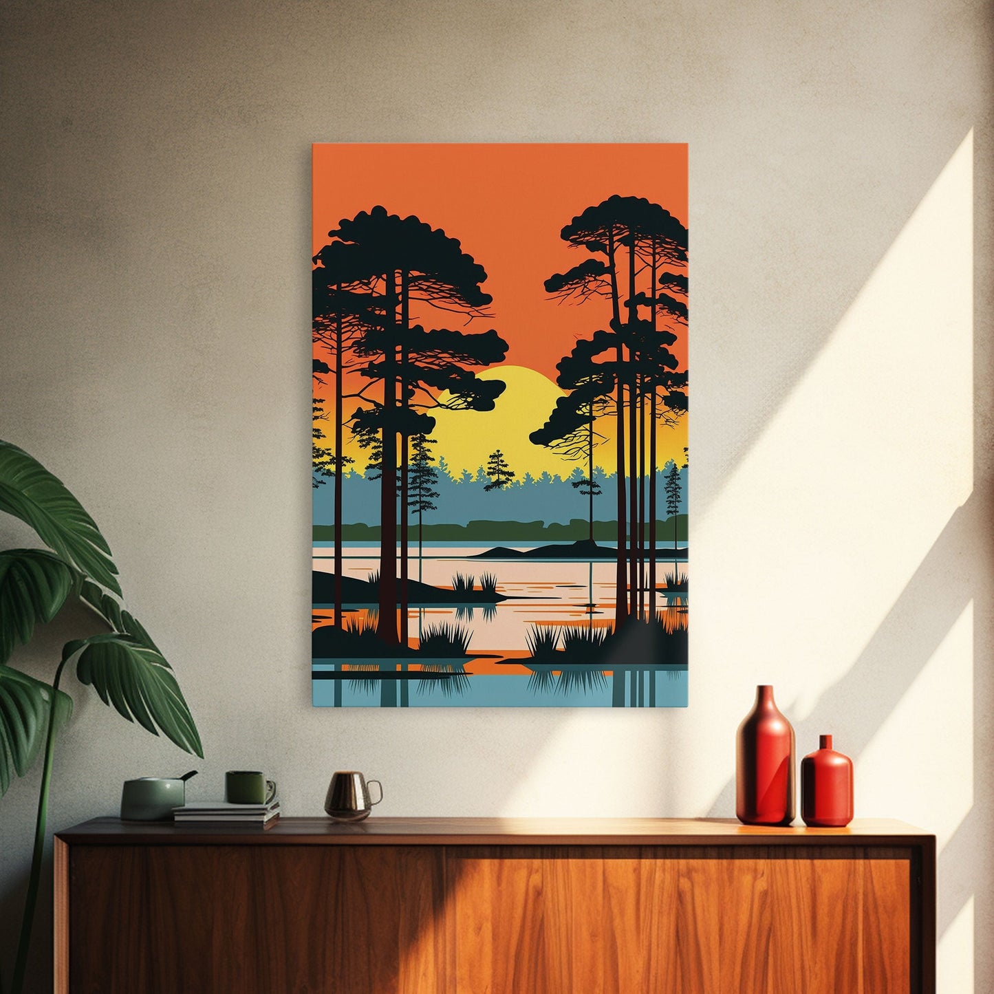 Vintage Style Art, Framed Canvas Prints, Lake and Pine Tree Forest Landscape, Florida Everglades at Sunset