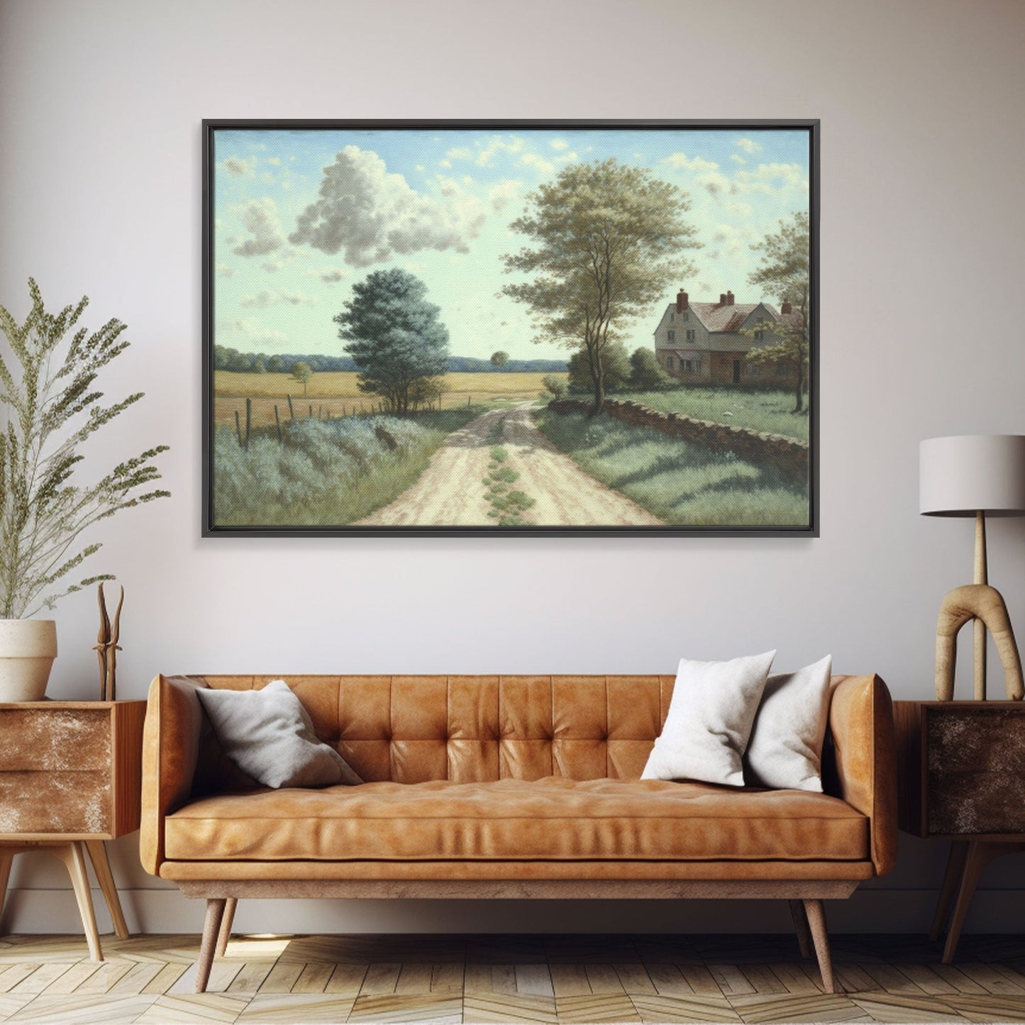 Cottage Oil Painting Framed Canvas Print | Rustic Wall Art | Vintage Muted Print | Farmhouse | Boho Style | Minimalist