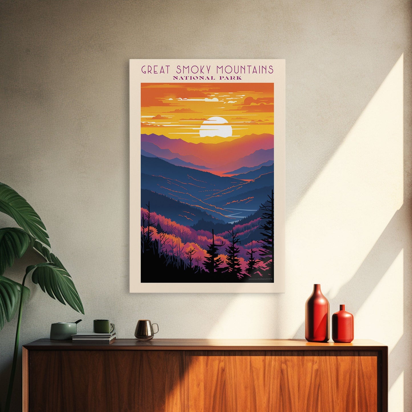 Great Smoky Mountains National Park Travel Art, National Park Print, Minimalist Travel Art, Midcentury Modern Style Landscape Painting