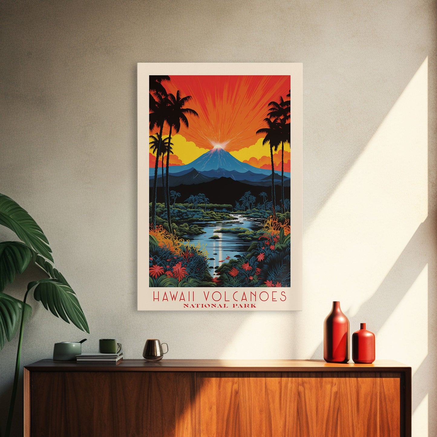 Hawaii Volcanoes National Park Hawaii Travel Art, National Park Print, Minimalist Travel Art, Midcentury Modern Style Landscape Painting