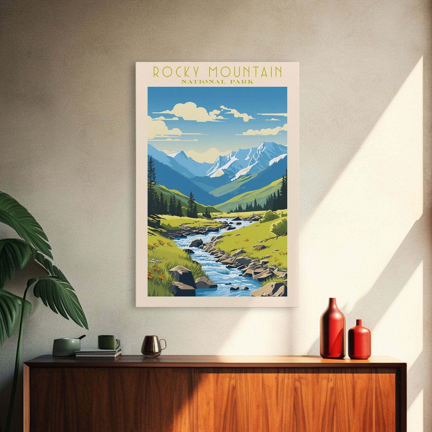 Rocky Mountains National Park Colorado Travel Art, National Park Print, Minimalist Travel Art, Midcentury Modern Style Landscape Painting