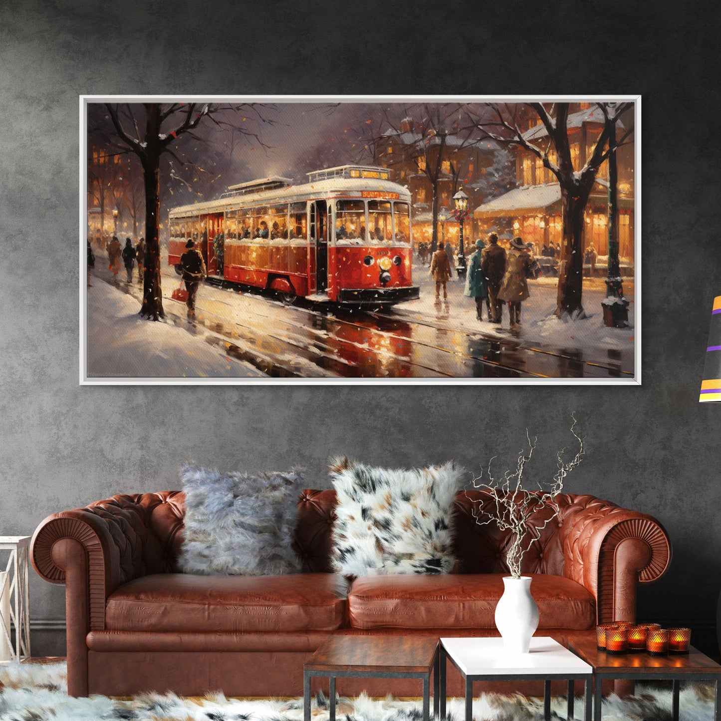 Retro Red Trolley Car Decorated For Christmas, Framed Canvas Print, Christmas Wall Art, Christmas Decor Mom Christmas Gift Christmas Village
