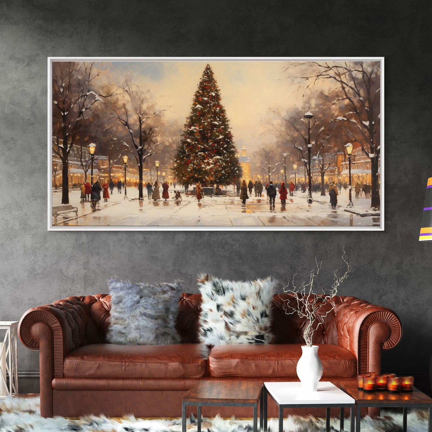 Cute Christmas Village Art, Christmas Decor, Framed Canvas Print, Holiday Painting, Seasonal Decor, Christmas Tree Art Christmas Centerpiece