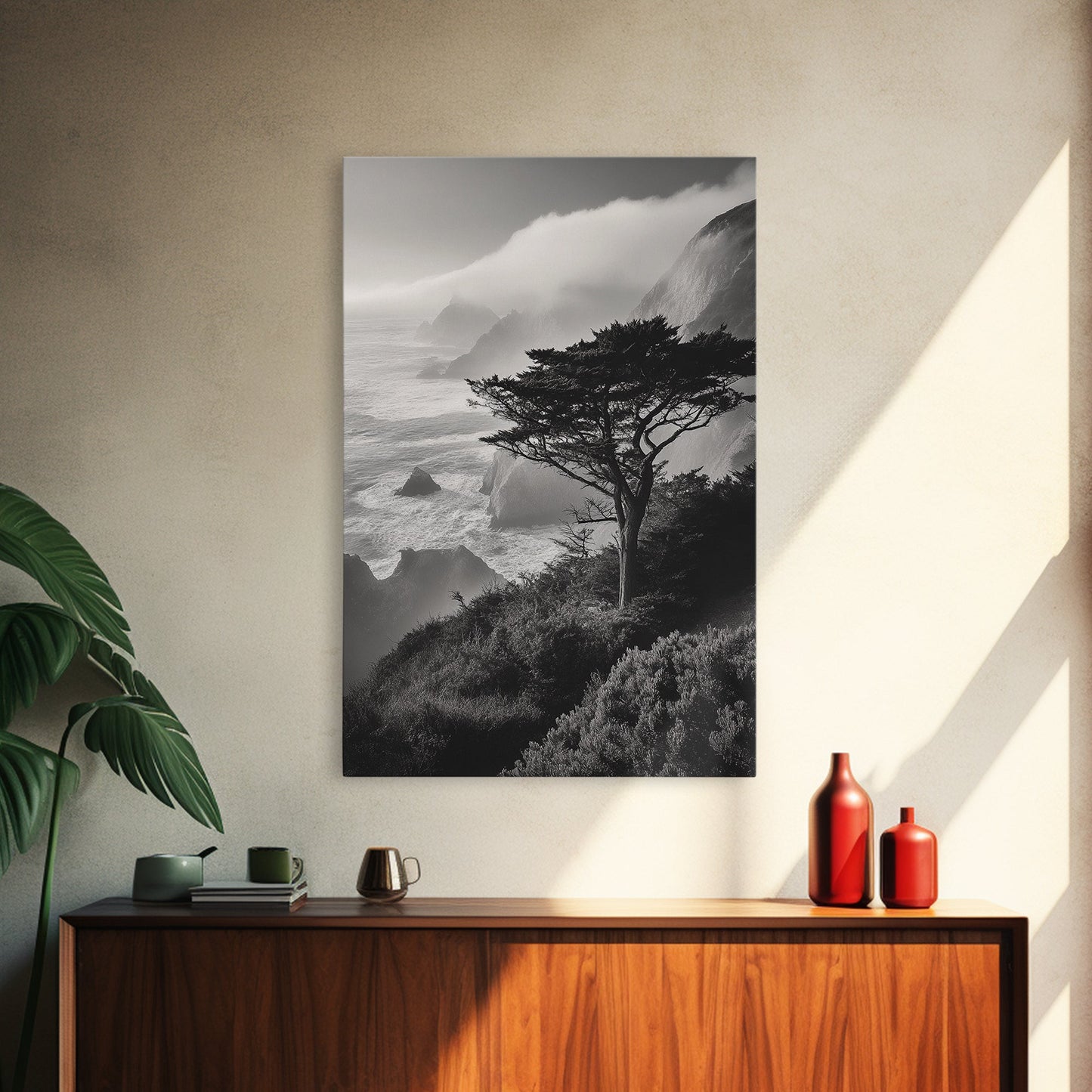 Tree On Cliffs, Foggy Coastline, Monochrome Coastal View, Moody Nature Scene, Framed Canvas Print, Bedroom Wall Art, Earthy Minimalist Decor