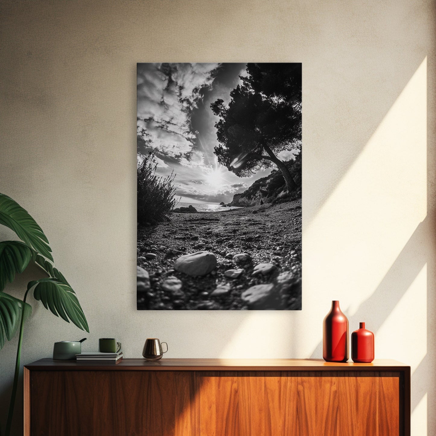 Sunset Beach View, Wide Angle Perspective, Nature Shoreline, Monochrome Landscape, Framed Canvas Print, Hallway Wall Art, Beach Decor