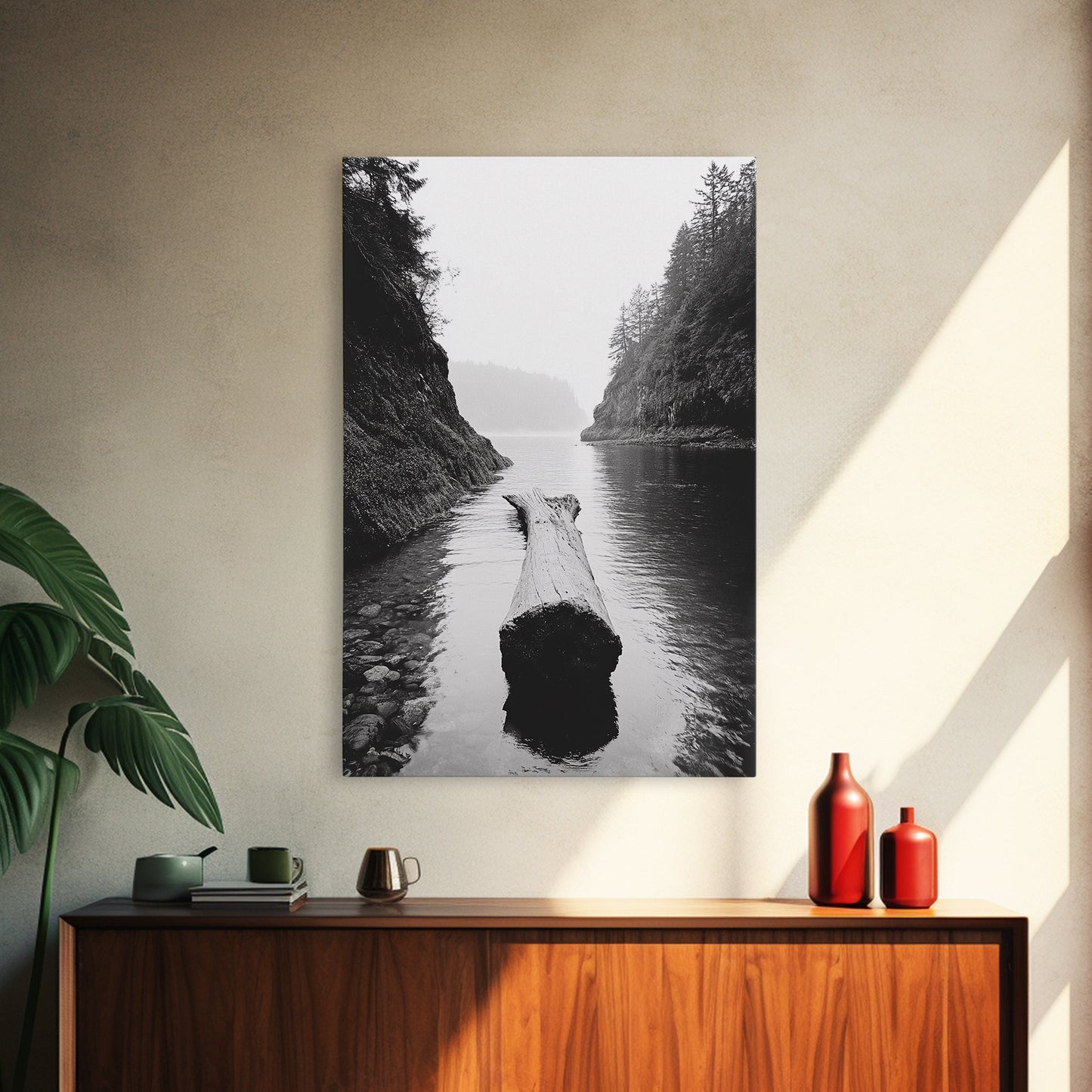 Driftwood Log, River Pass, Nature Silence, Misty Gorge, Framed Canvas Print, Office Wall Art, Modern Nature Decor, Moody Forest Style