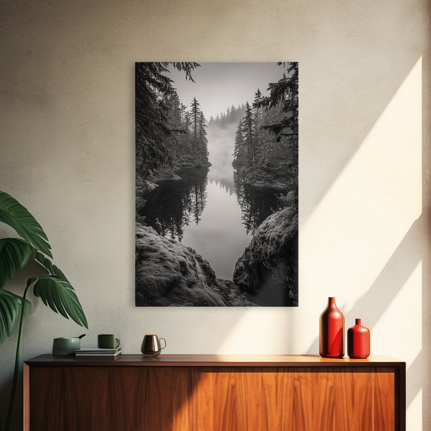 Misty Forest, River Reflection, Foggy Pines, Mountain Silence, Framed Canvas Print, Bedroom Wall Art, Tranquil Nature Photography, Zen Decor