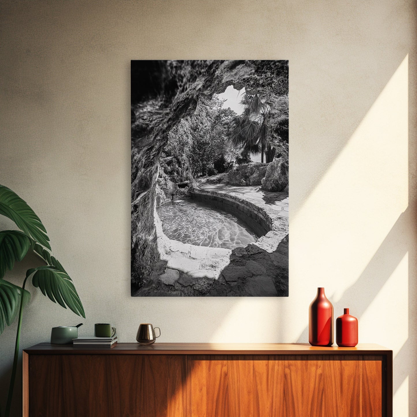 Hidden Pool Grotto, Tropical Oasis, Black and White Photo, Canvas Print, Spa Bathroom Art, Zen Vibes, Modern Nature Wall Decor