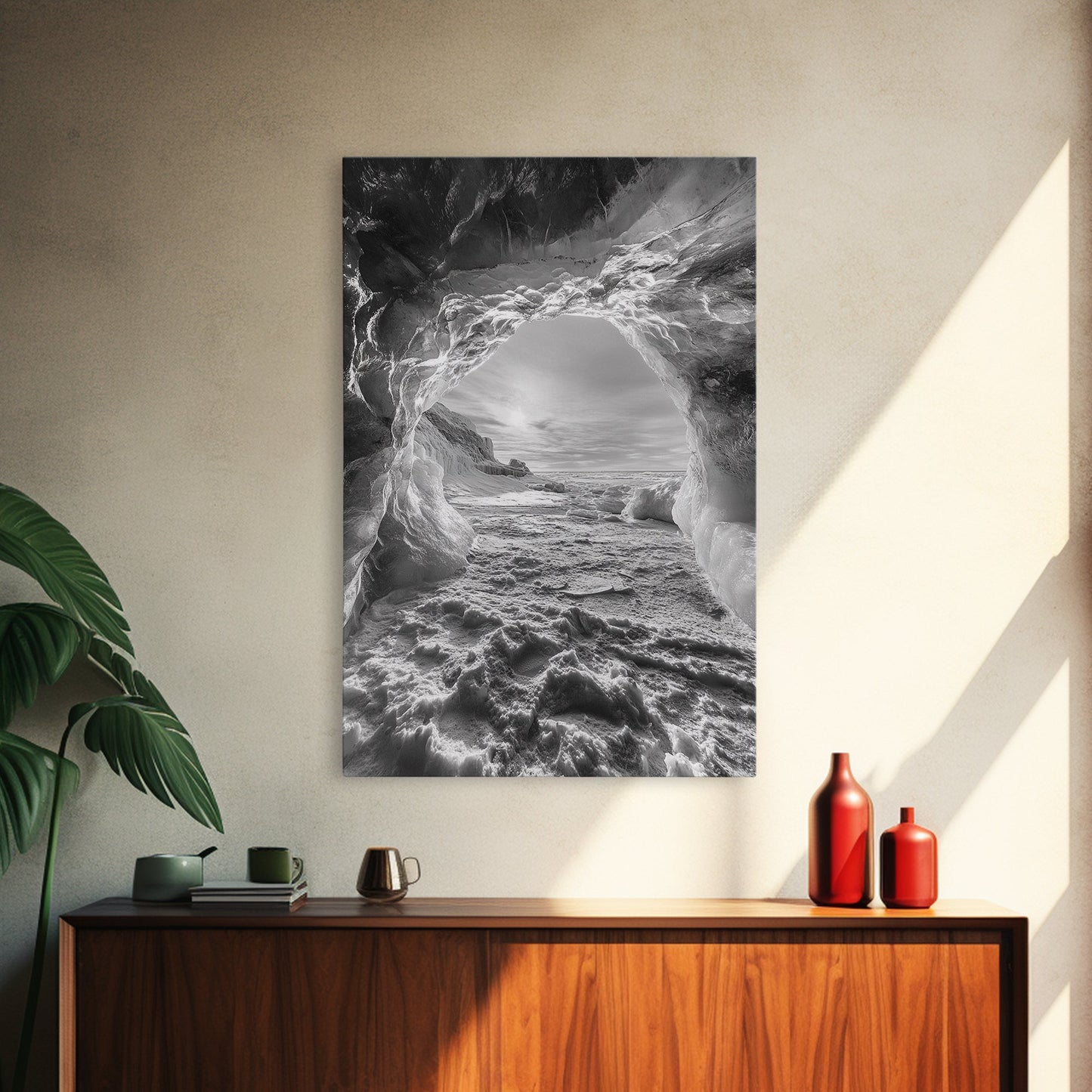 Ice Cave Opening, Winter Wonderland, Arctic Light, Framed Canvas Print, Bedroom Wall Art, Nordic Landscape, Minimalist Winter Art