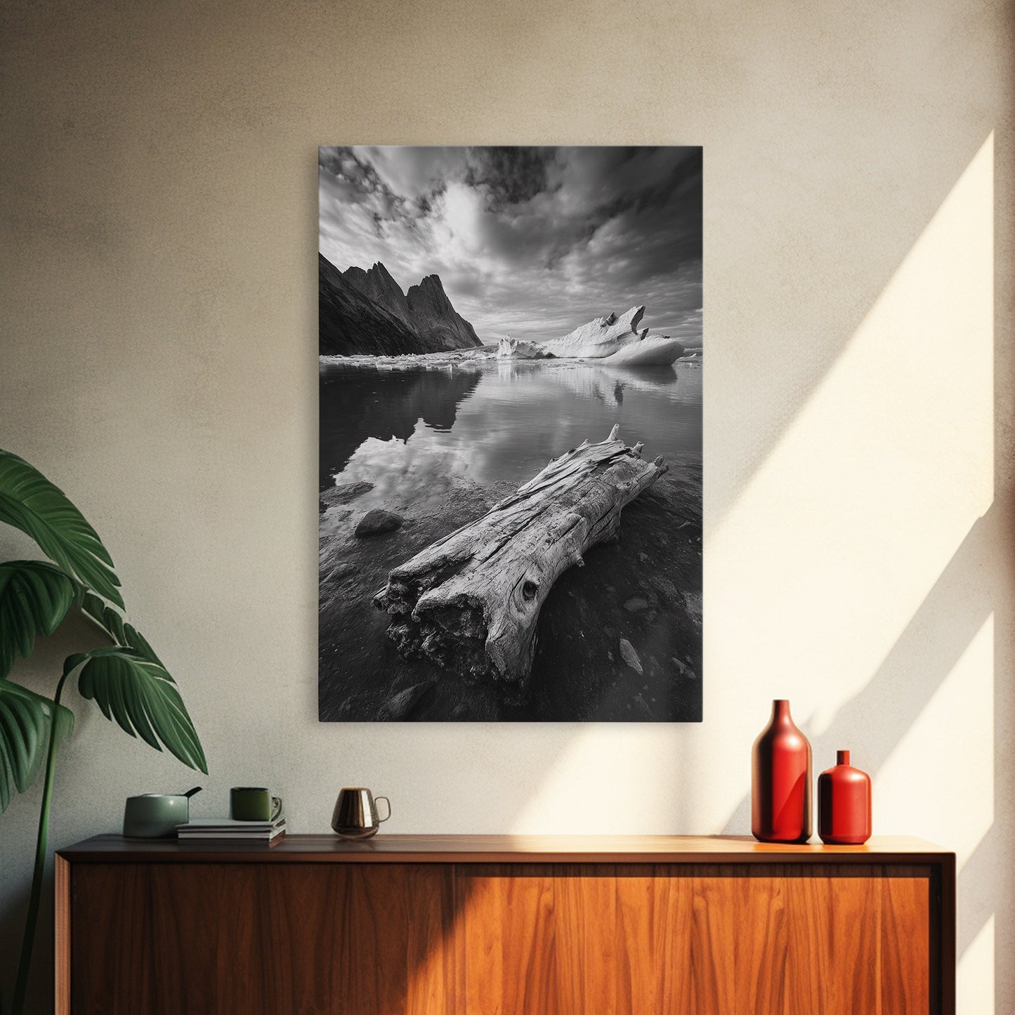 Arctic Driftwood View, Iceberg Horizon, Moody Mountains, Framed Canvas Print, Office Wall Art, Monochrome Nature, Nordic Aesthetic