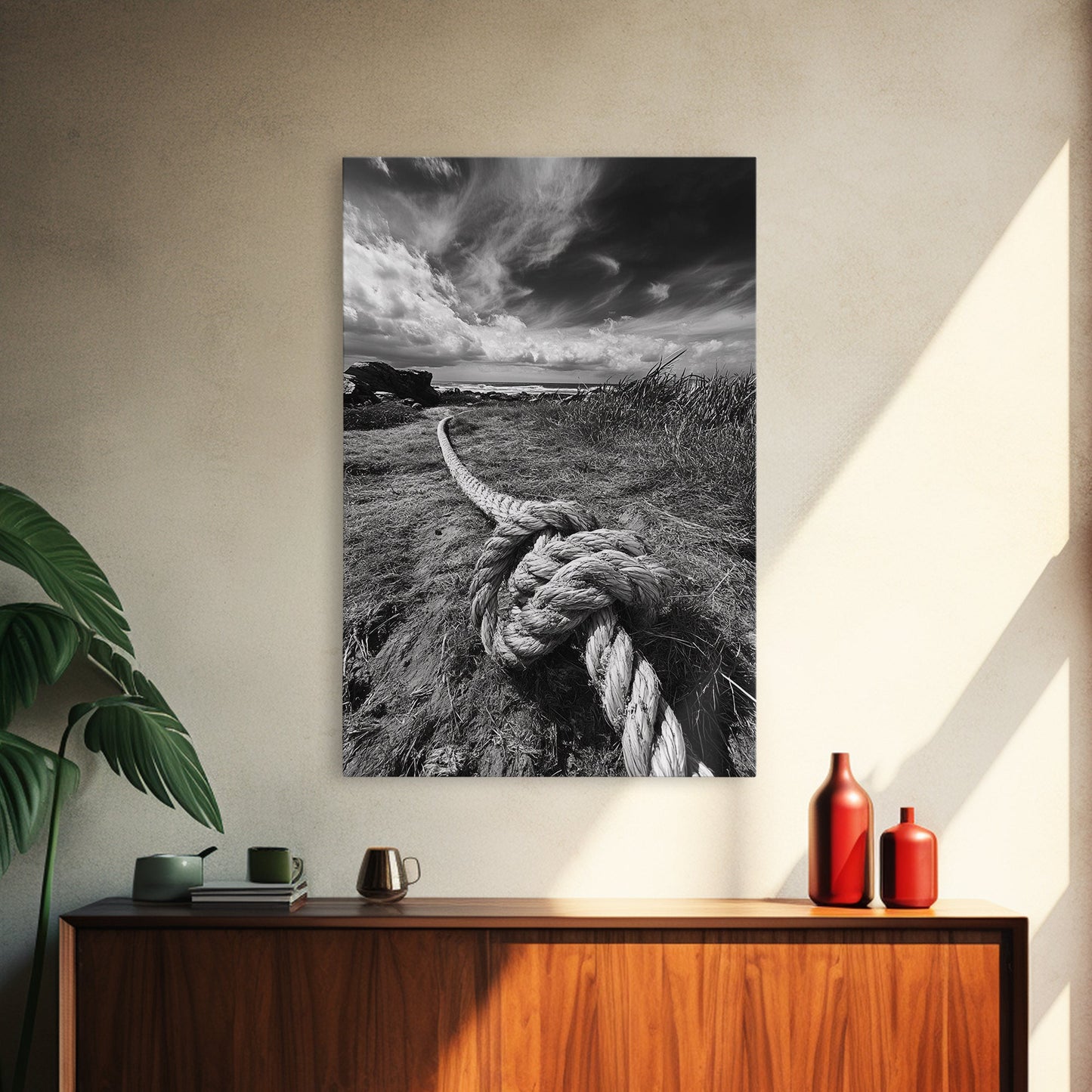 Nautical Rope Knot, Coastal Texture, Ocean Breeze, Framed Canvas Print, Beach House Wall Art, Rustic Nautical Decor, Minimalist Style