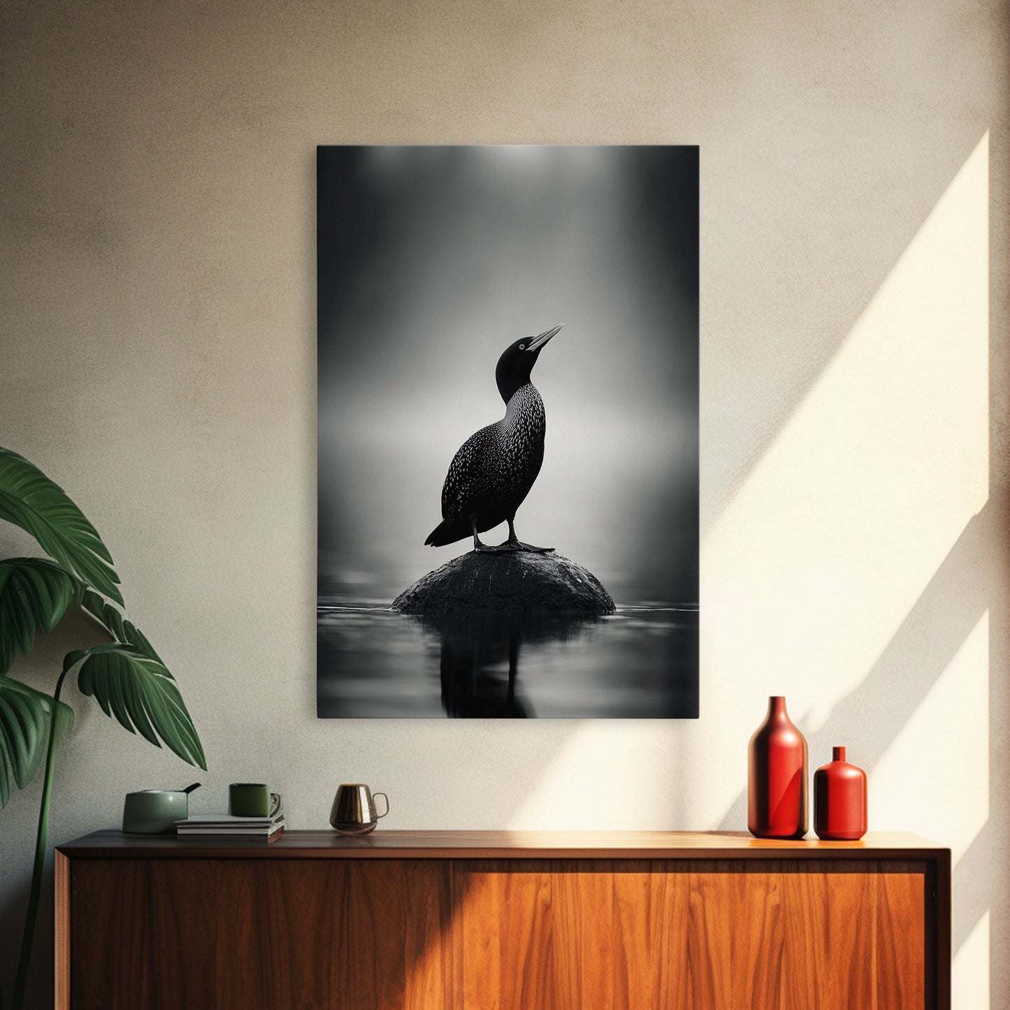 Loon on Rock, Morning Mist, Water Bird Focus, Canvas Print, Minimalist Animal Art, Office Decor, Tranquil Lake Scene Wall Art