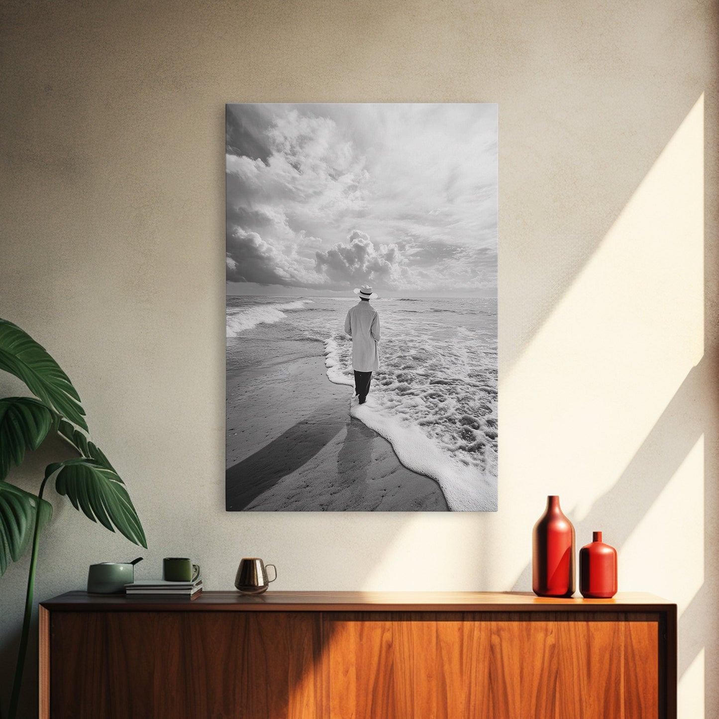 Man On Shore, Thoughtful Walk, Ocean Wanderer, Framed Canvas Print, Minimalist Fall Art, Bedroom Decor, Moody Coastal Scene