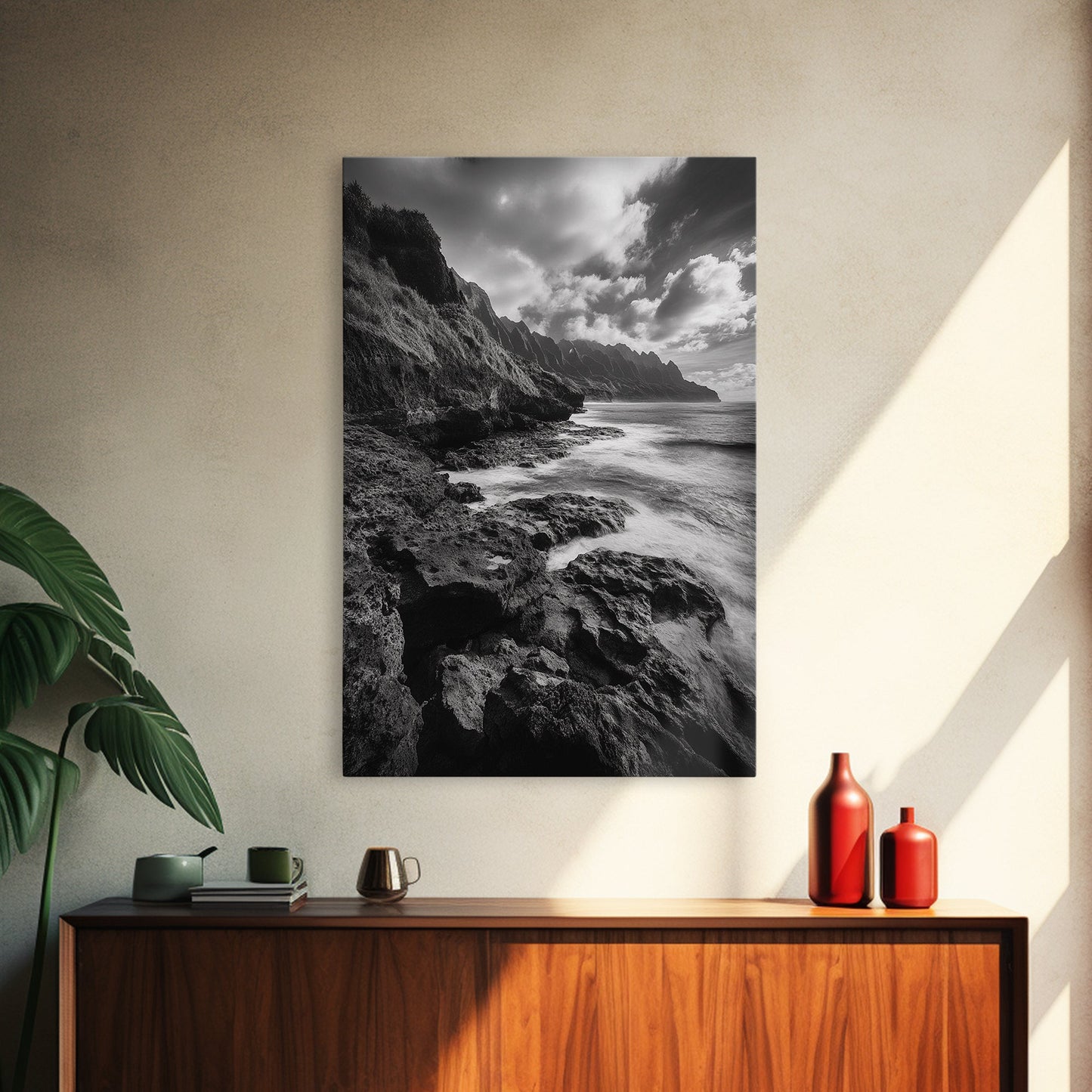 Coastal Cliffs, Ocean Horizon, Wild Waves, Framed Canvas Print, Bathroom Wall Art, Black and White Seascape, Coastal Decor, Moody Art