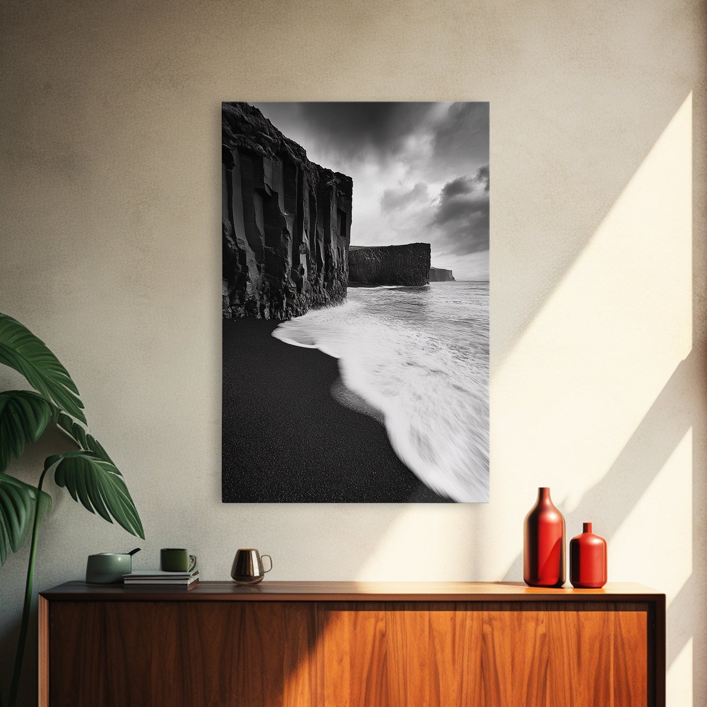 Ocean Cliffs, Black Sand, Moody Coast, Rugged Shoreline, Framed Canvas Print, Icelandic Wall Art, Adventure Decor, Modern Nature Art