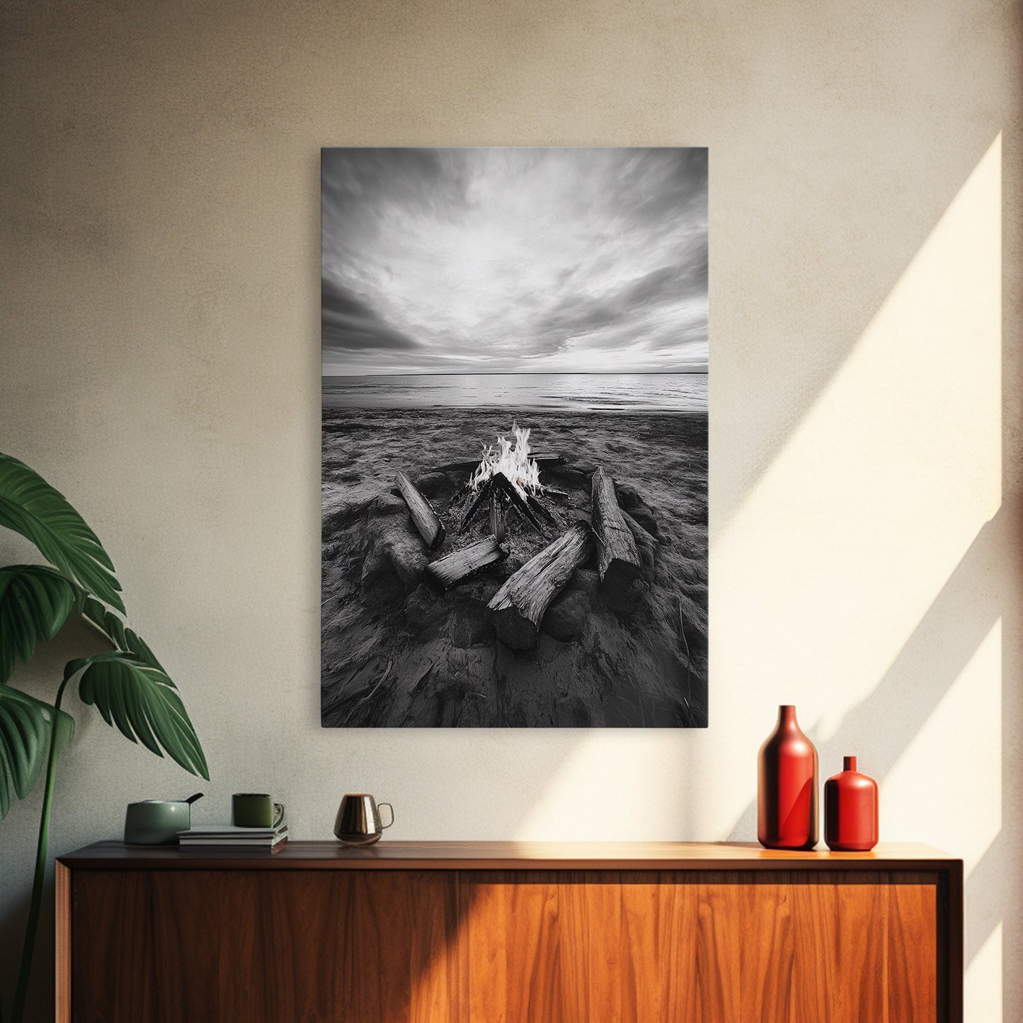 Coastal campfire glow, serene seaside bonfire, sunset flames, sandy warmth, Framed Canvas Print, Fall decor, cozy cabin wall art