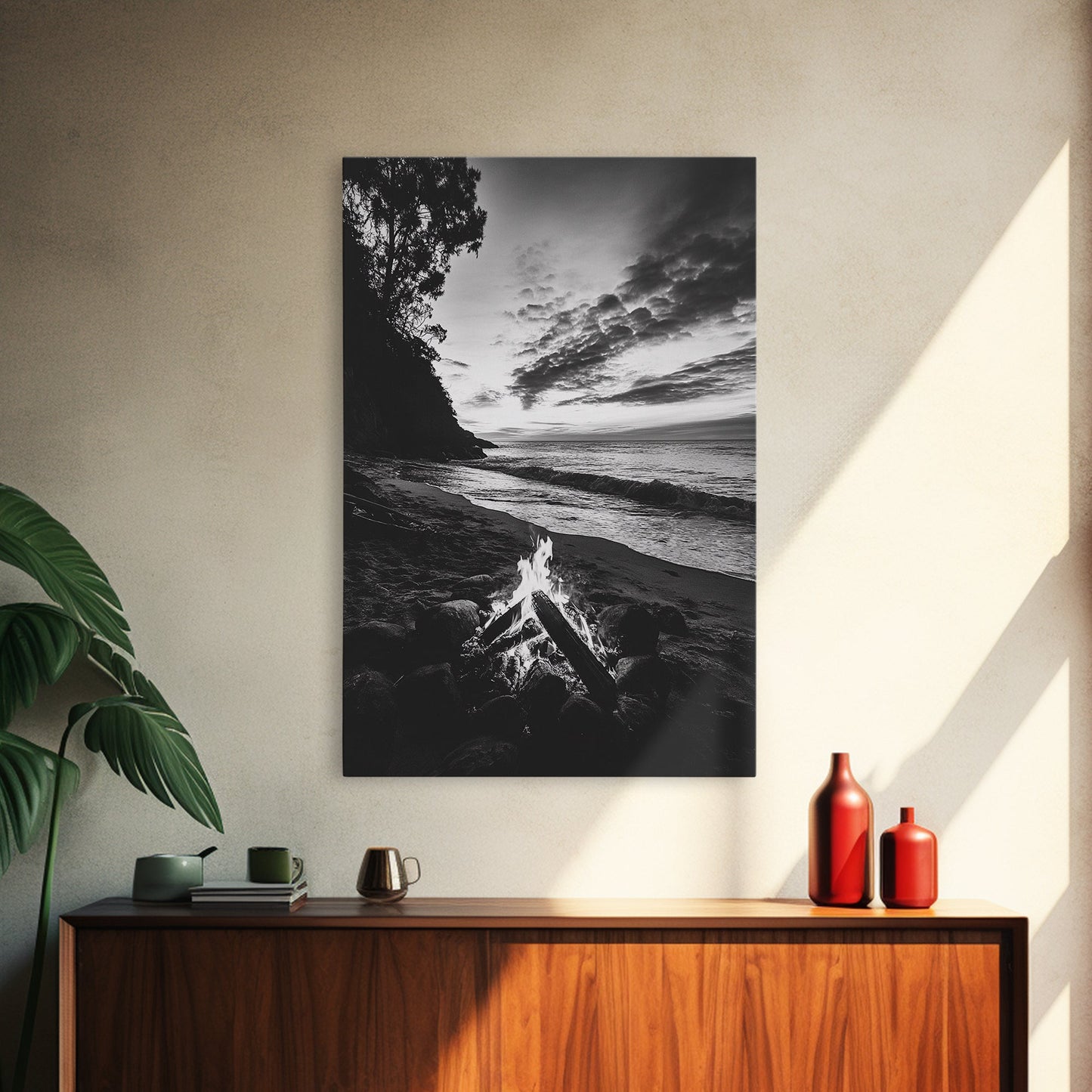 Shoreline fire night, beach flames, evening waves, rustic warmth, Canvas Print, Autumn decor, outdoor adventure minimalist wall art