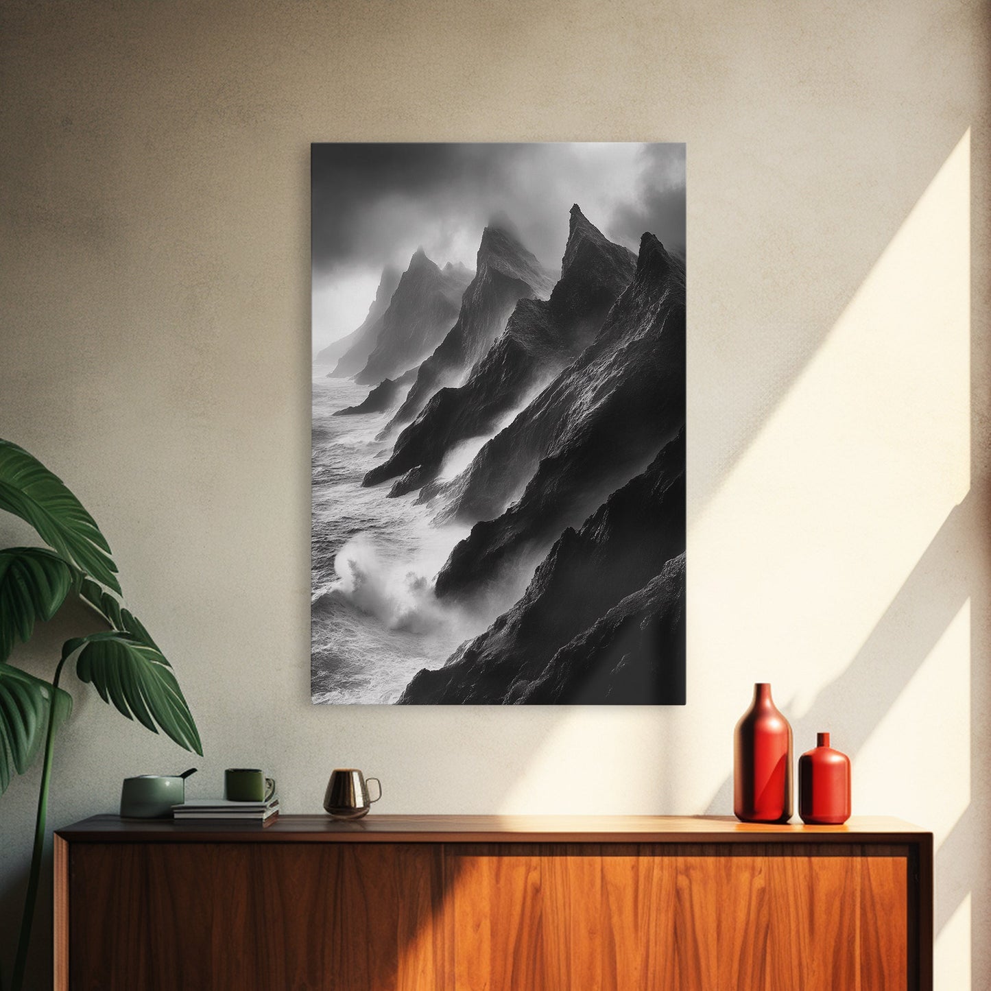 Jagged Cliff Coast, Stormy Ocean Scene, Dramatic Nature Art, Black White Photography, Framed Canvas Print, Office Wall Art, Coastal Decor