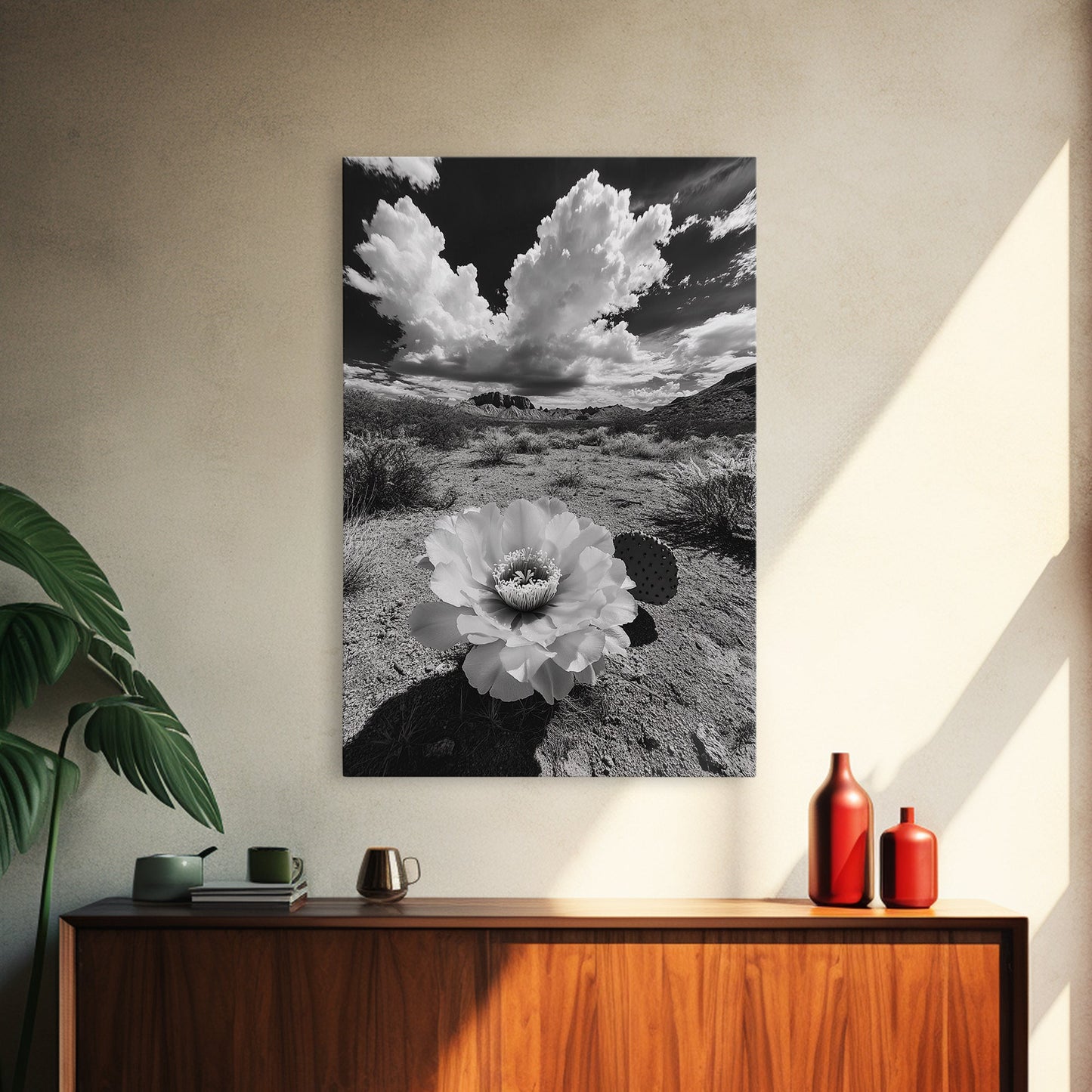 Desert Bloom, Cactus Flower, Bold Nature, Framed Canvas Print, Boho Wall Art, Southwestern Home Decor, Dramatic Desert Photography